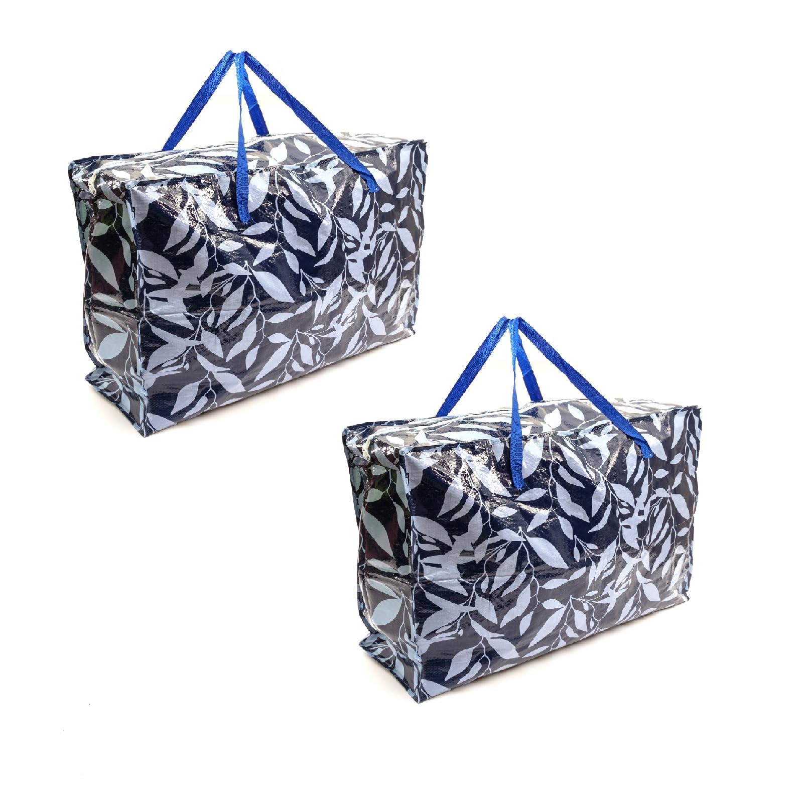 2 PACK Blue Flower 75x60x25cm Heavy Duty Durable Reusable Foldable Waterproof Laundry Clothing Wardrobe Storage Moving House Shopping Storage Bags Extra Large Jumbo Zipped Floral Bag