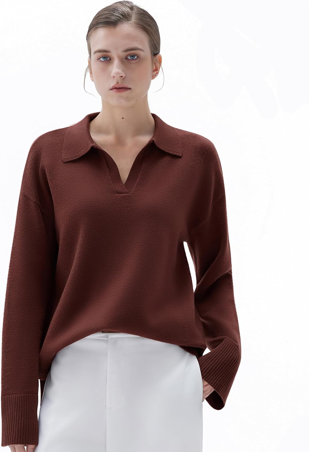 SUUKSESS Women Cashmere Oversized V Neck Pullover Sweaters Long Sleeve Collared Knit Jumper Tops