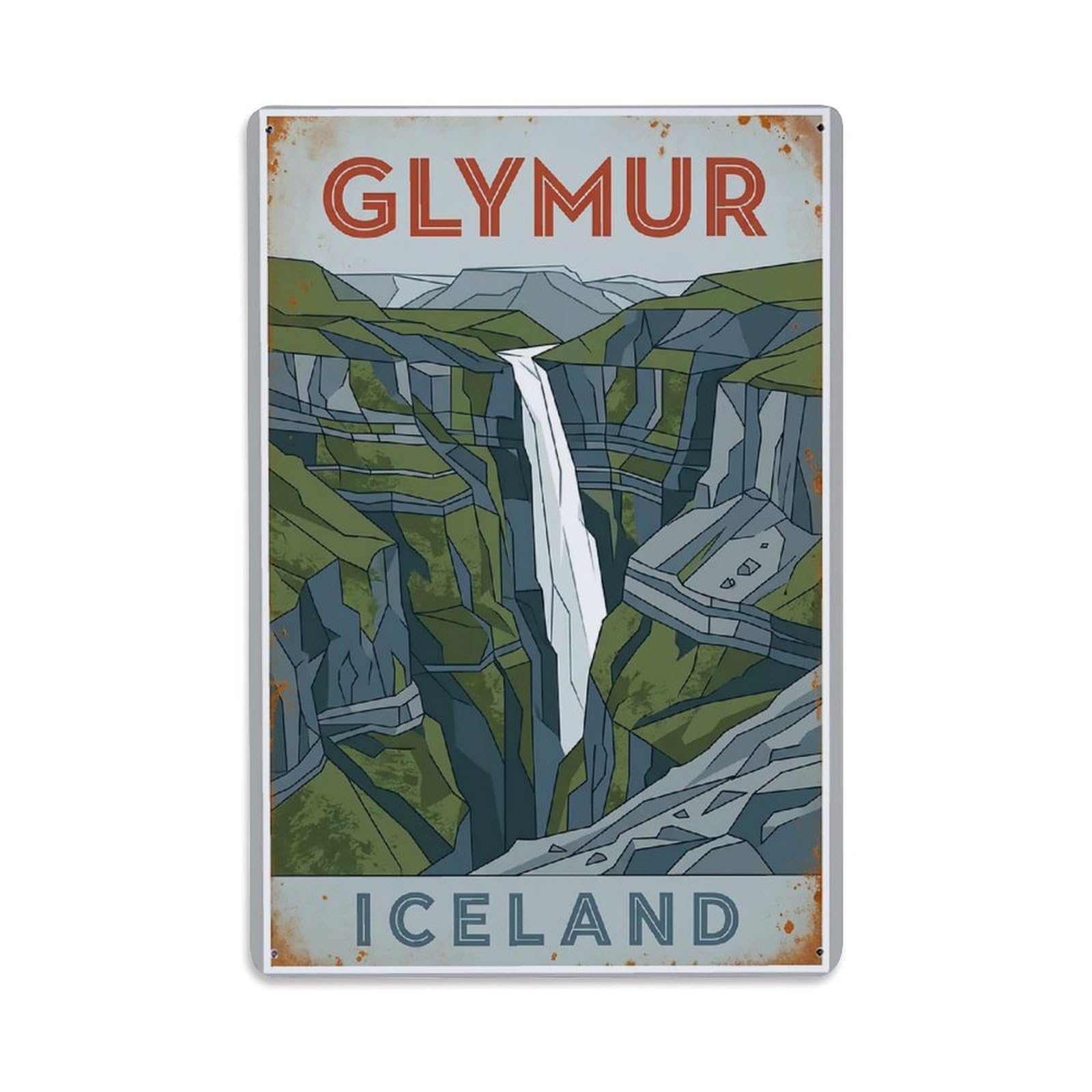 Vintage Travel Glymur Iceland Metal Tin Sign