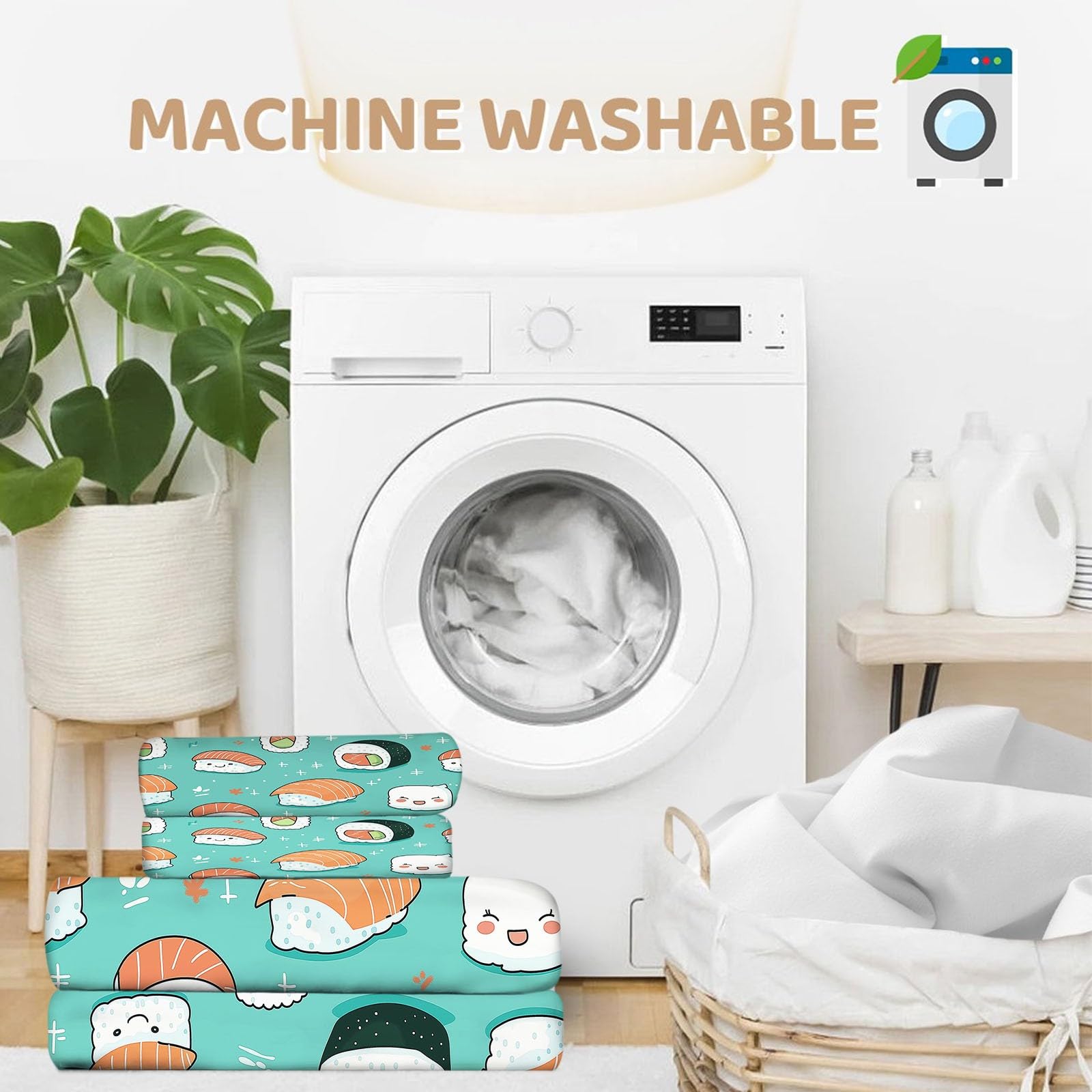 Parure de Lit Imprimée Sushi Kawaii Turquoise, Housse de Couette 200x200 cm + 2 Taies d'Oreiller 65x65, Microfibre Confort Résistant aux Taches Facile à Entretenir, Set Complet pour 2 Personnes