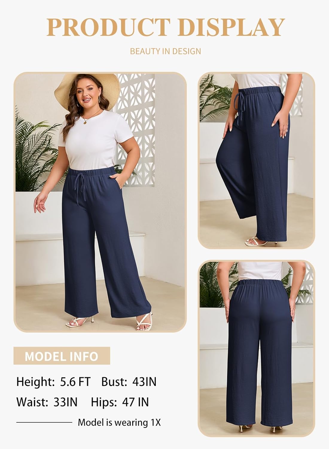 Eytino Womens Plus Size Pants Summer Elastic High Waist Drawstring Casual Loose Wide Leg Trousers Pants with Pockets(1X-5X) - Image 4