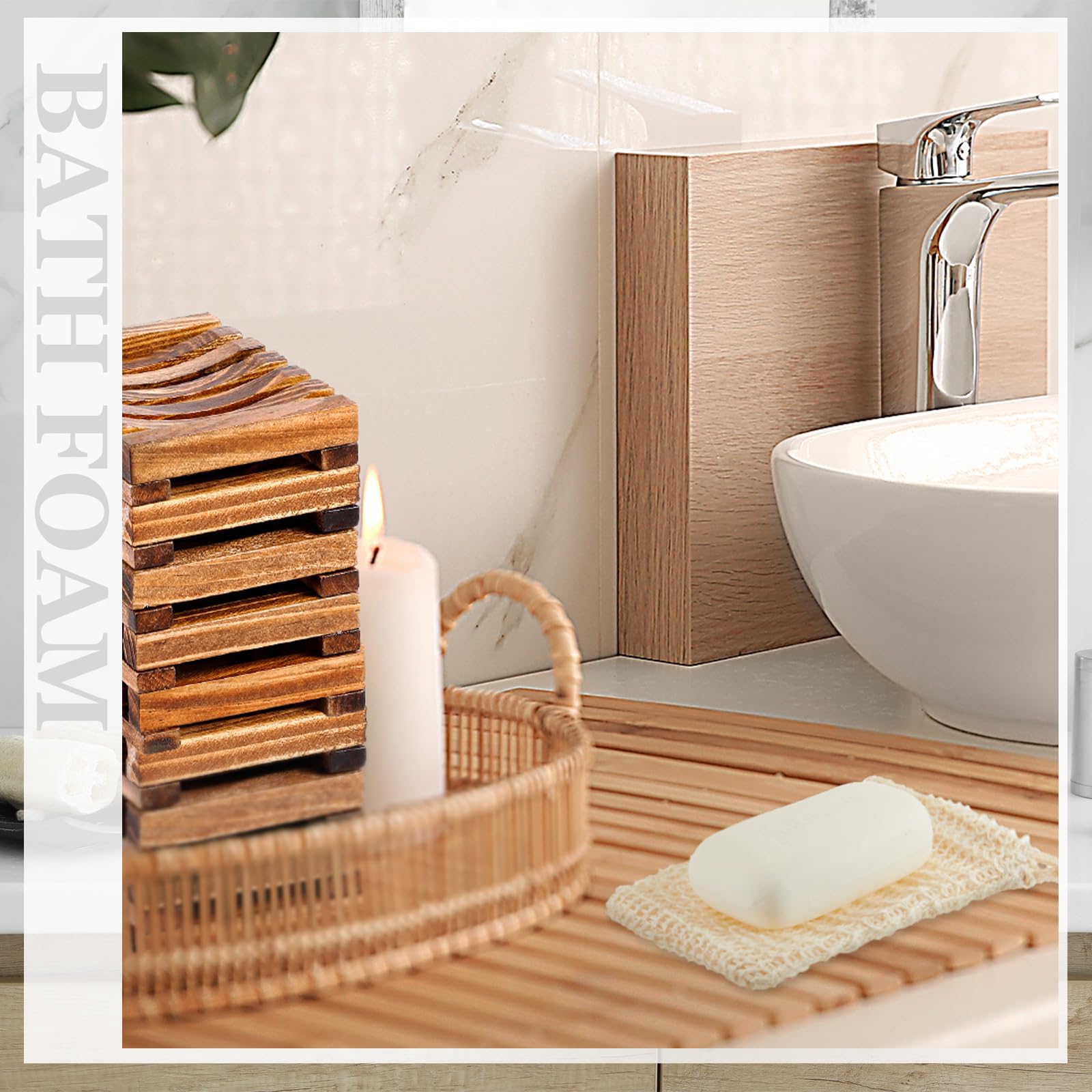 Umigy Kit de 60 bolsas de jabón y soporte para jabón, bolsa de malla de sisal, bolsa de jabón exfoliante, bandeja de jabón de madera de bambú, soporte para barra de jabón de baño para uso en ducha y