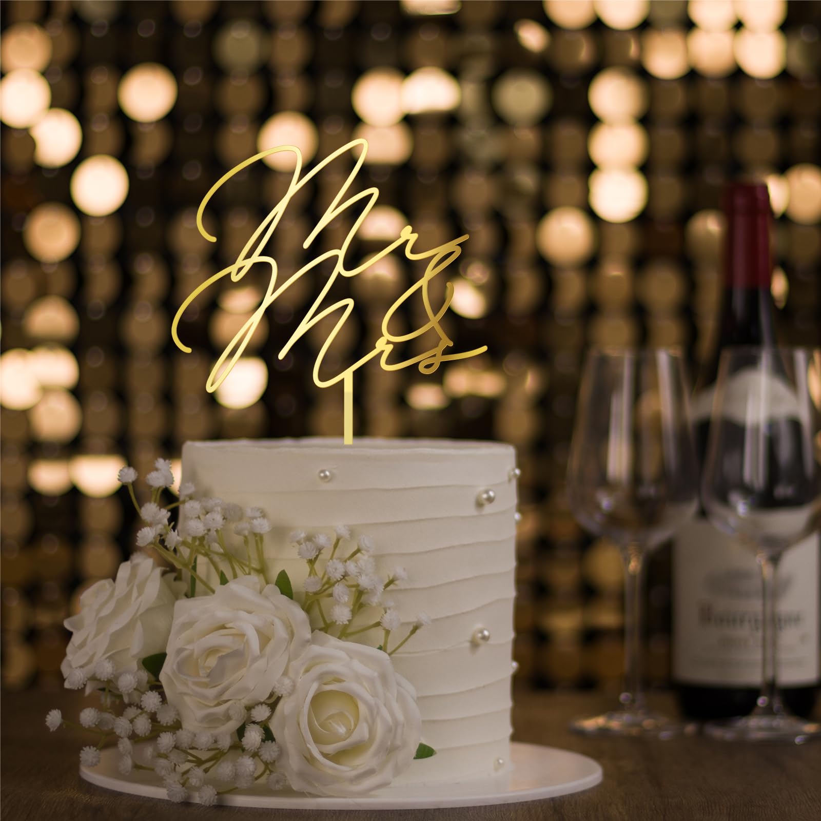 Party to Be Mr & Mrs Wedding Cake Topper in Golden Acrylic (Design 03)