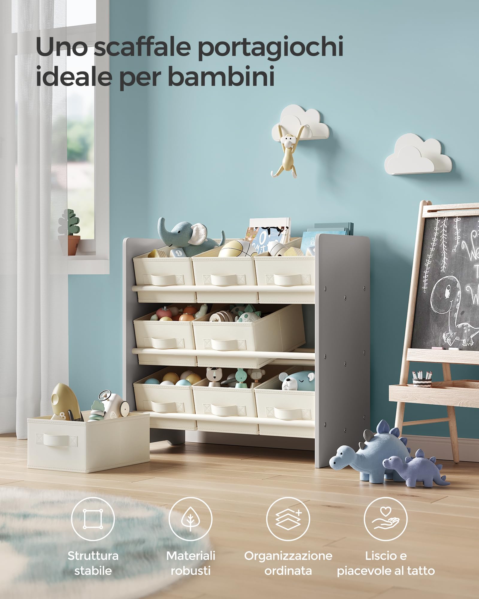 SONGMICS Scaffale per Bambini, Scaffale per Giocattoli, Libreria per Bambini, con 9 Contenitori in Tessuto Non Tessuto, per Camera dei Bambini, Spazioso, 29,5 x 62,5 x 60 cm, Grigio Tortora GKR033G10