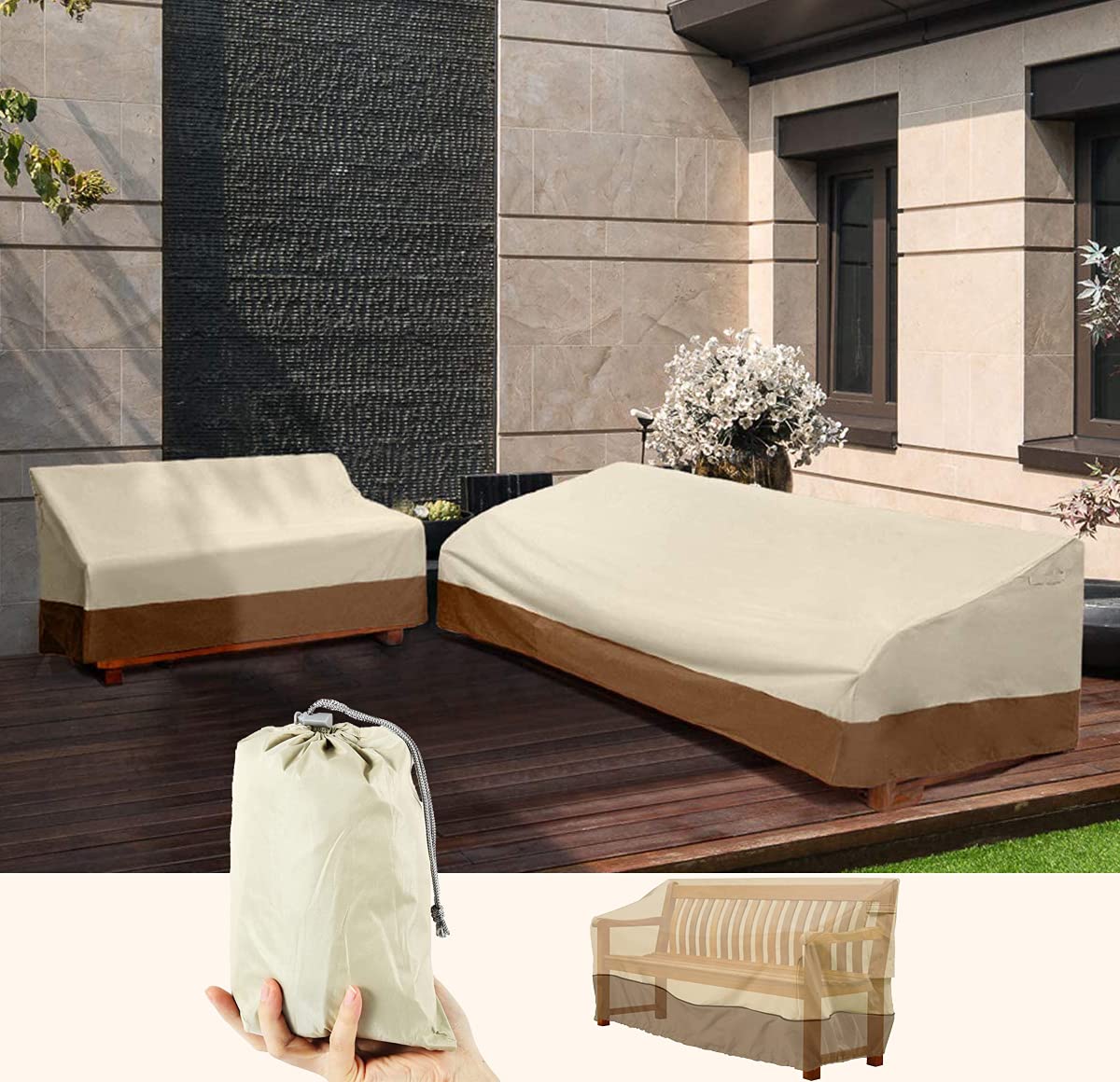 OKJ Patio Sofa Cover, Heavy Duty Waterproof Outdoor Deep Lounge Cover for 2 & 3 Seater Couch, Medium Durable Veranda Furniture Bench Cover with Air Vent, Beige & Brown (193 * 83 * 84CM)