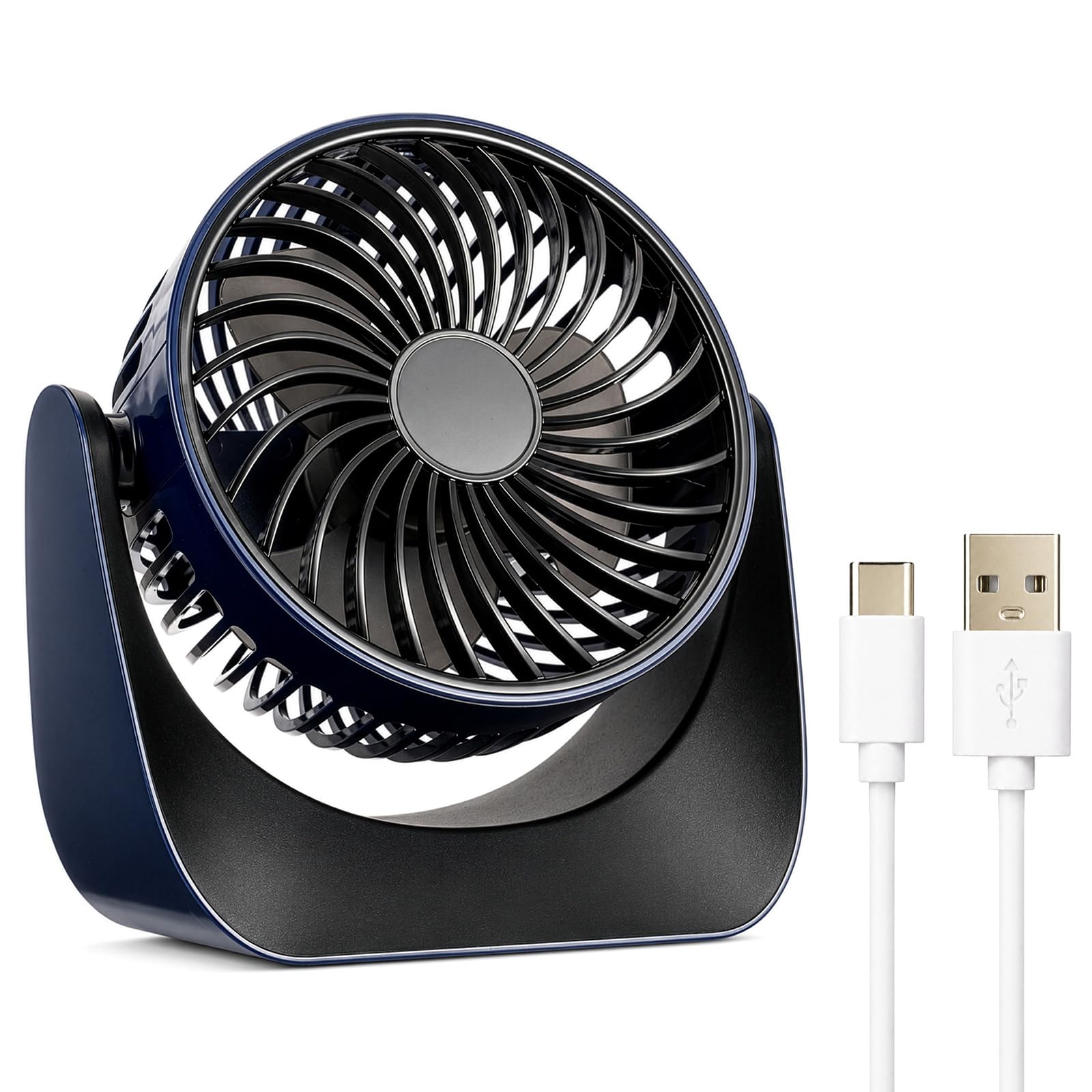 GreenWhim USB Desk Table Fan with Adjustable Speed Quiet Operation 360° Rotatable Head Strong Airflow Portable Oscillating Cooling Fan for Home Office Bedroom Dorm Room Desktop Navy Blue