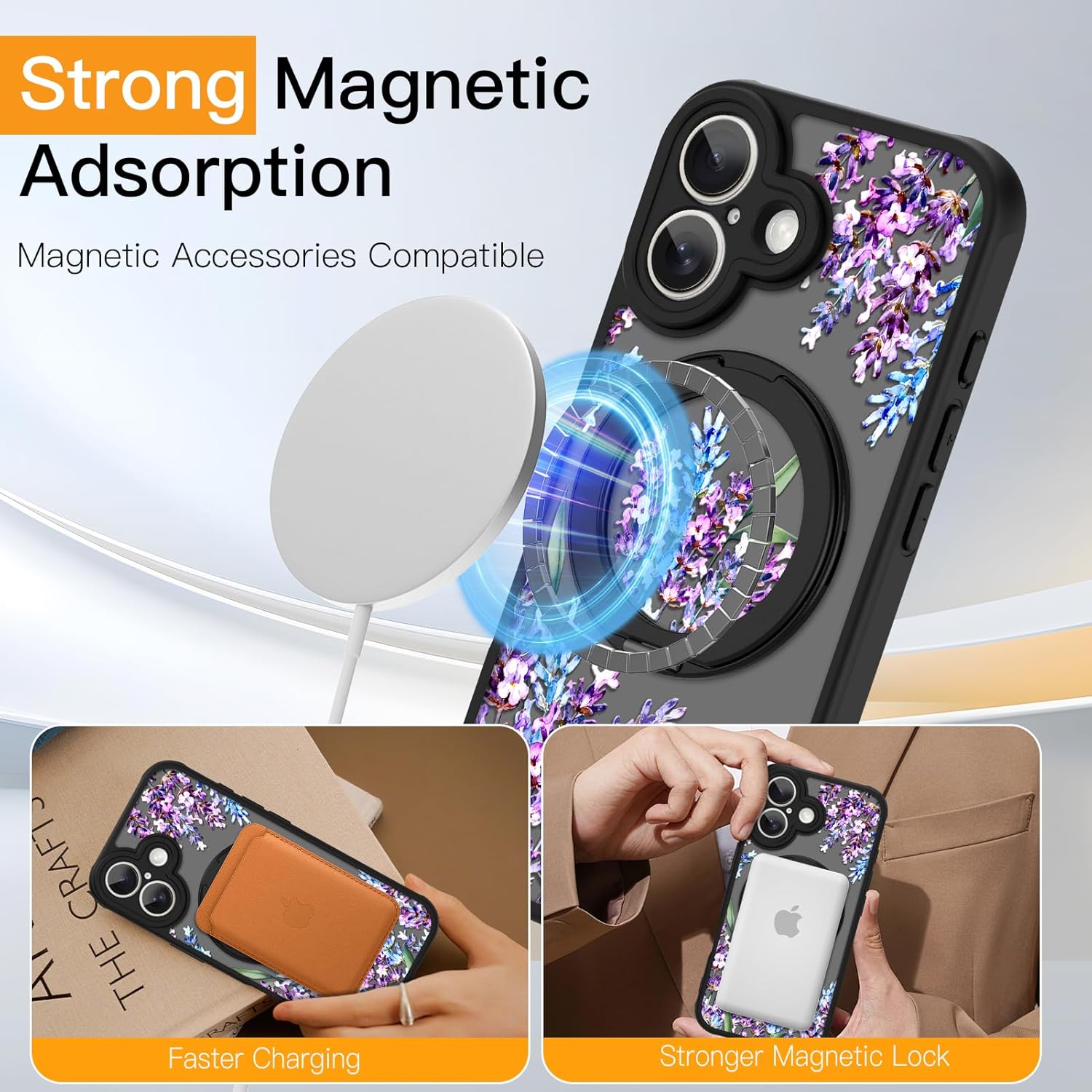 OOK for iPhone 17 Case with Kickstand (6.3") [360° Spin Kickstand] [Wireless Charge Compatible] Slim Translucent Matte Black Cover Cute Floral Design Camera Protection with Screen Protector