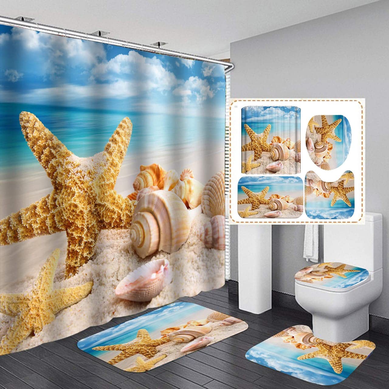 4 Piece Shower Curtain Sets, with 12 Hooks, Star Fish beach design with Non-Slip Rugs, Toilet Lid Cover and Bath Mat, Durable and Waterproof, for Bathroom Decor Set