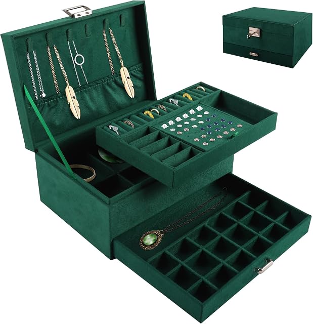 LONENESSL Jewellery Box Organiser for Necklace Earrings Bracelets Rings, 3 Layers Large Velvet Removable Compartment Jewellery Storage Case for Women Girls