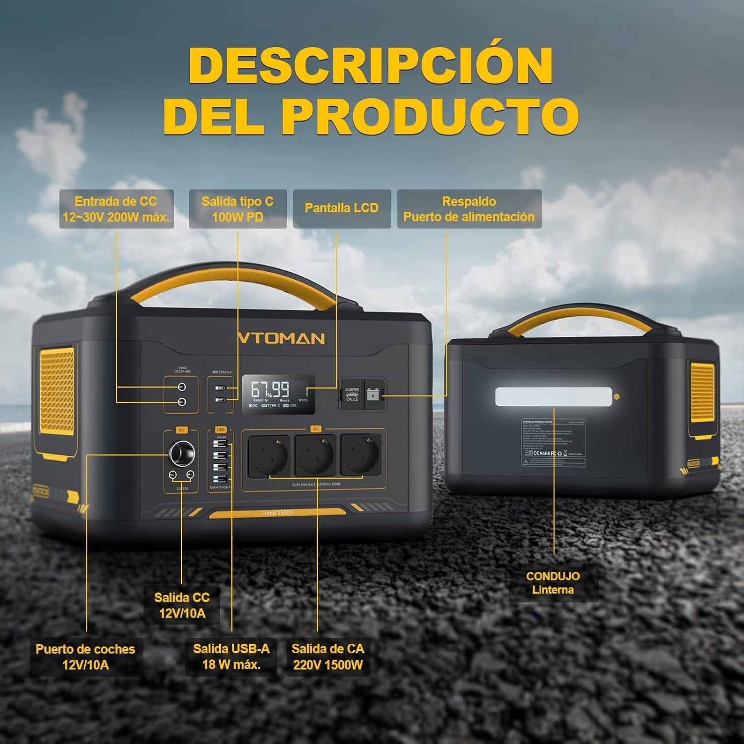 VTOMAN Jump 1500X Estación de Energía Portátil 1500W, 828Wh, USB QC 3.0 | Batería LiFePO4, Generador Solar, Salida dual PD 100W Typ-C, Capacidad Ampliable a 2376Wh para Viajes, Acampar