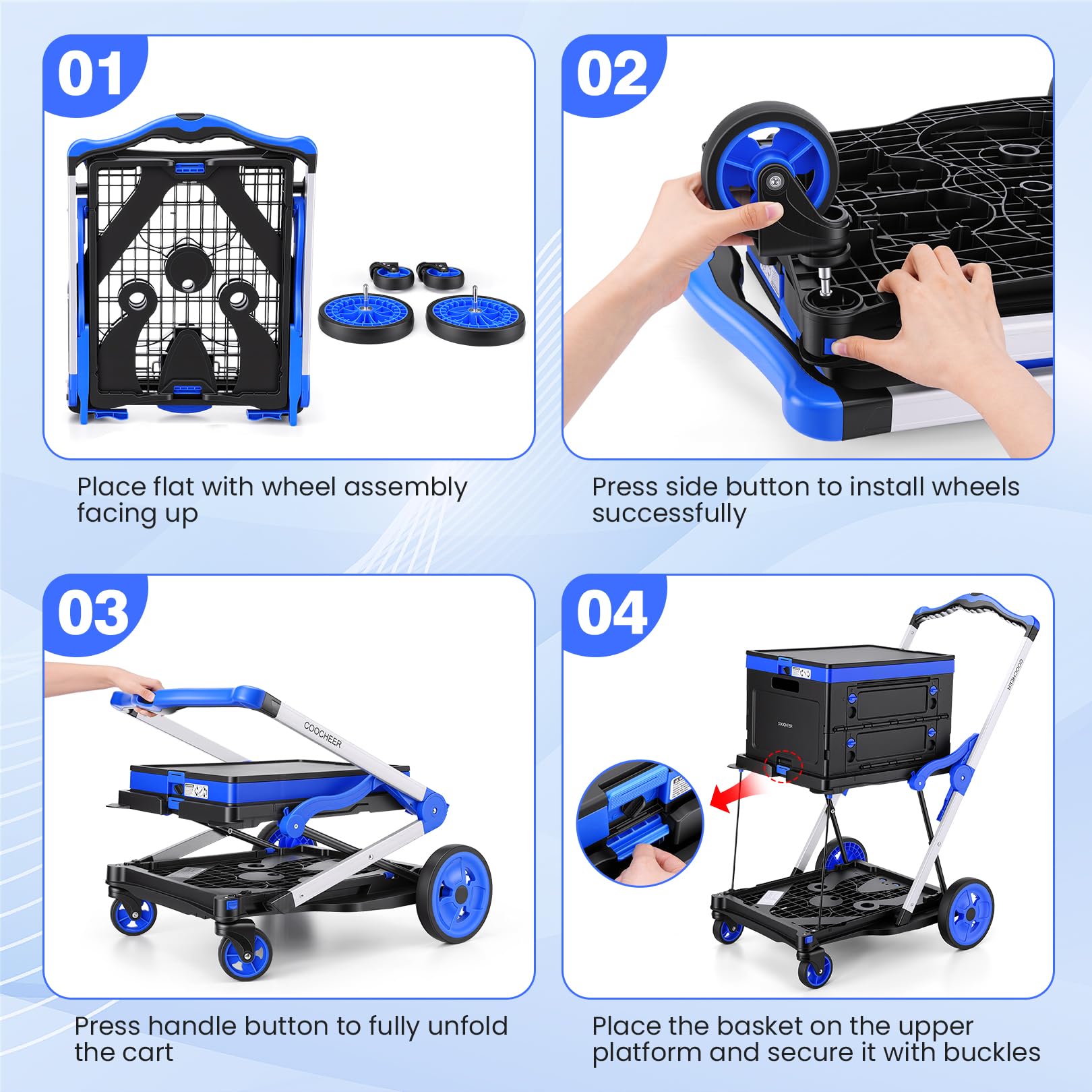 COOCHEER Chariot de Courses Pliable à 2 Étages - 90kg | Caddie de courses Pliage express en 3s, poignée réglable et panier inclus. Idéal pour supermarché, bureau et camping