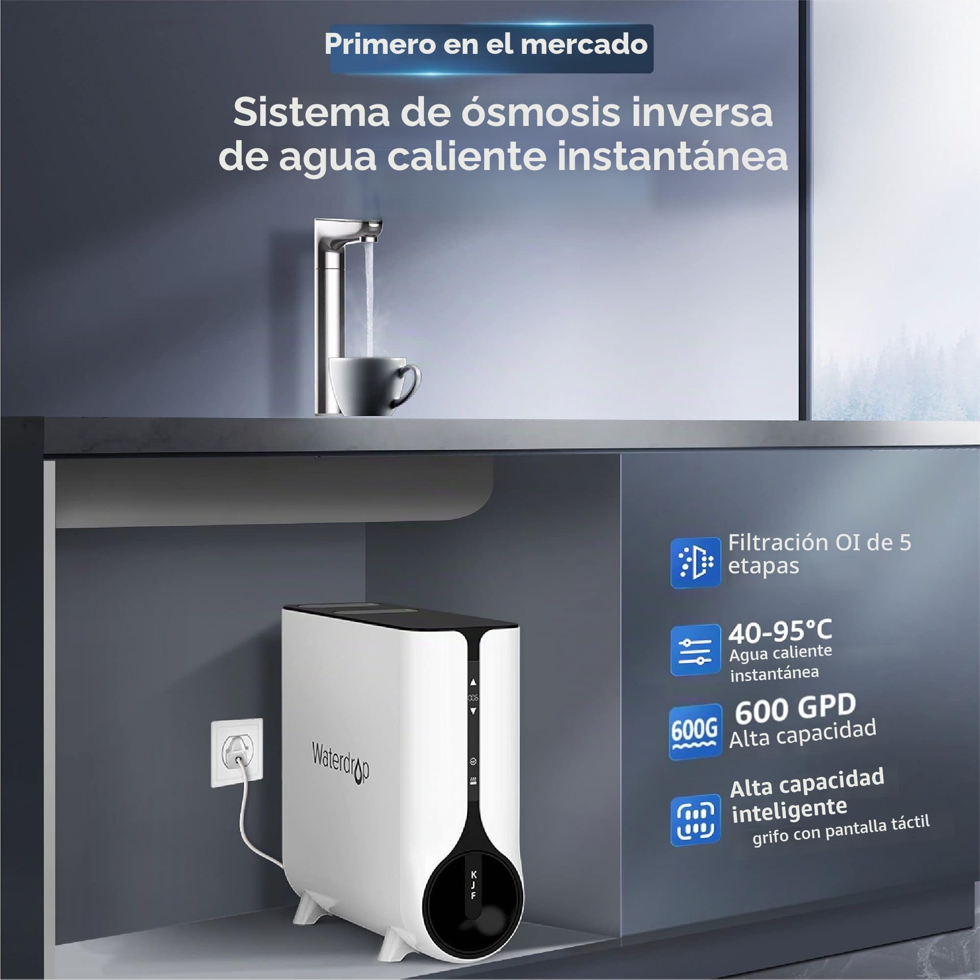 Waterdrop Sistema Dispensador de Agua Caliente Instantánea por Ósmosis Inversa, 600 GPD, sin Tanque, 2:1 Puro a Drenaje, Bajo el Fregadero, Reducción de TDS, Grifo LED Inteligente, WD-K6/WD-KJ600