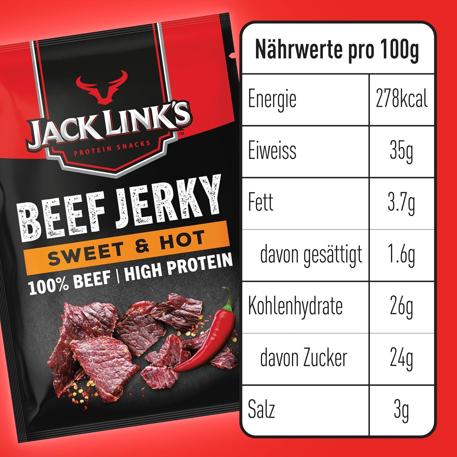 Jack Links Beef Jerky Sweet et Hot (12 x 60 g) - Viande séchée - Riche en protéine snack - Charcuterie - Viande de boeuf - Boeuf séché - Hyperprotéinés à emporter ou à consommer en salle de sport