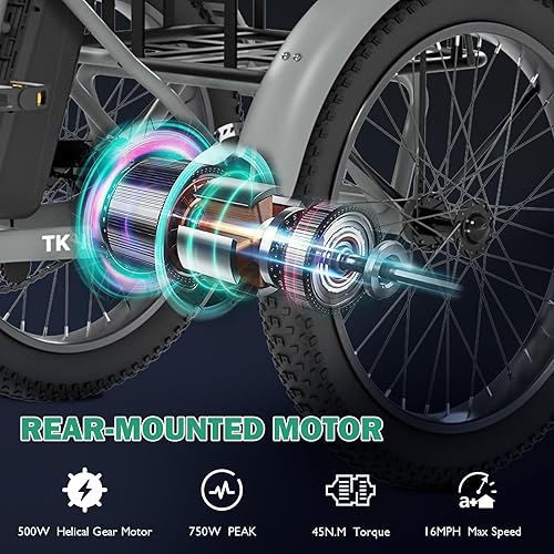 Vista 20 de LILYPELLE Triciclo eléctrico para adultos, triciclo eléctrico plegable de 500 W, triciclo eléctrico de 3 ruedas, bicicleta eléctrica motorizada