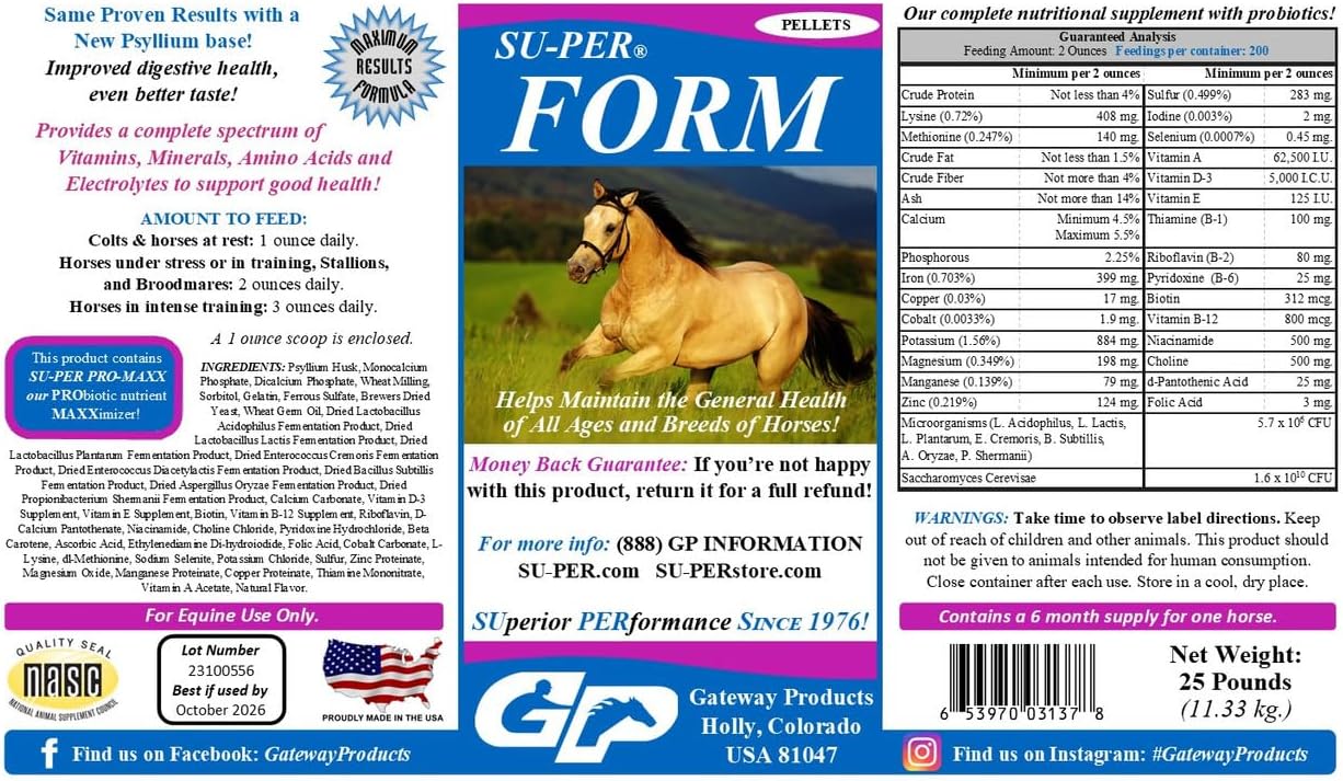 SU-PER Form Horse Vitamins and Minerals Pellets - Nutritional Supplement with Probiotics - Vitamins, Minerals, Amino Acids & Electrolytes - Helps Maintain General Health - 25 Pounds, 6 Month Supply