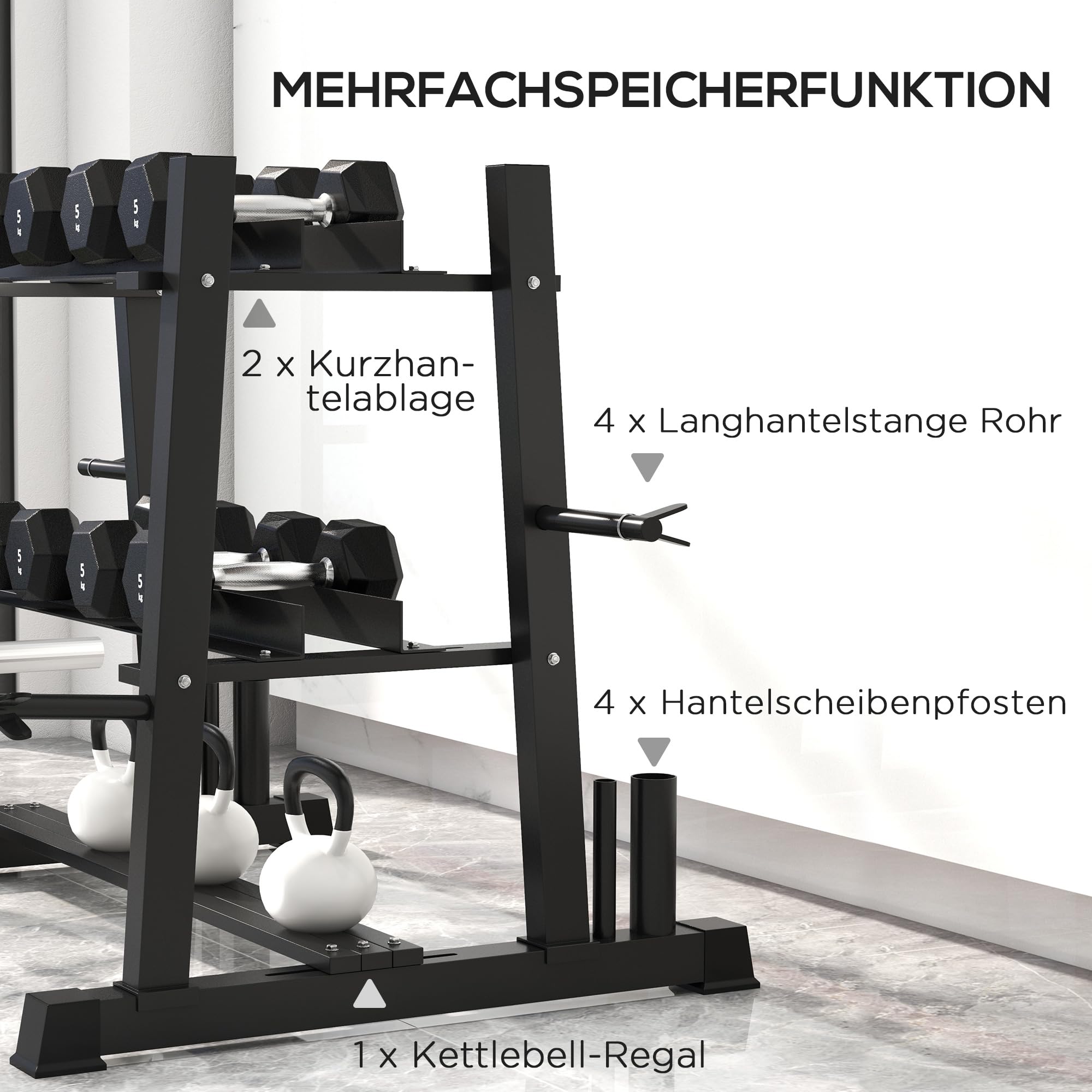 SPORTNOW Hantelständer mit 3 Ablagen 200kg Stahl Schwarz 131 x 75 x 80 cm | Kurzhantelständer, Hantelablage, Gewichtshalter für Kurzhantel, Kettlebell