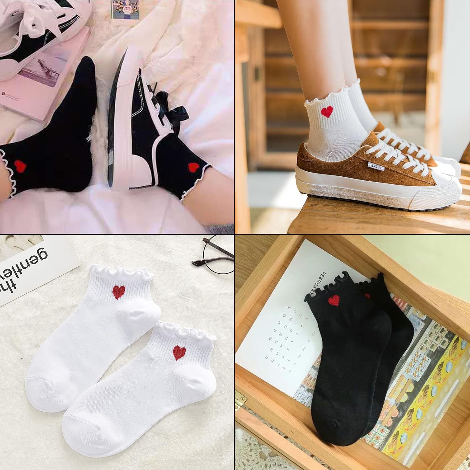 CHUNFO Cute Heart White Red Ankle Women Socks Frilly Fun Bear Pattern Long Crew Novelty Aesthetic Girls Sock 4 & More Pairs - Image 4