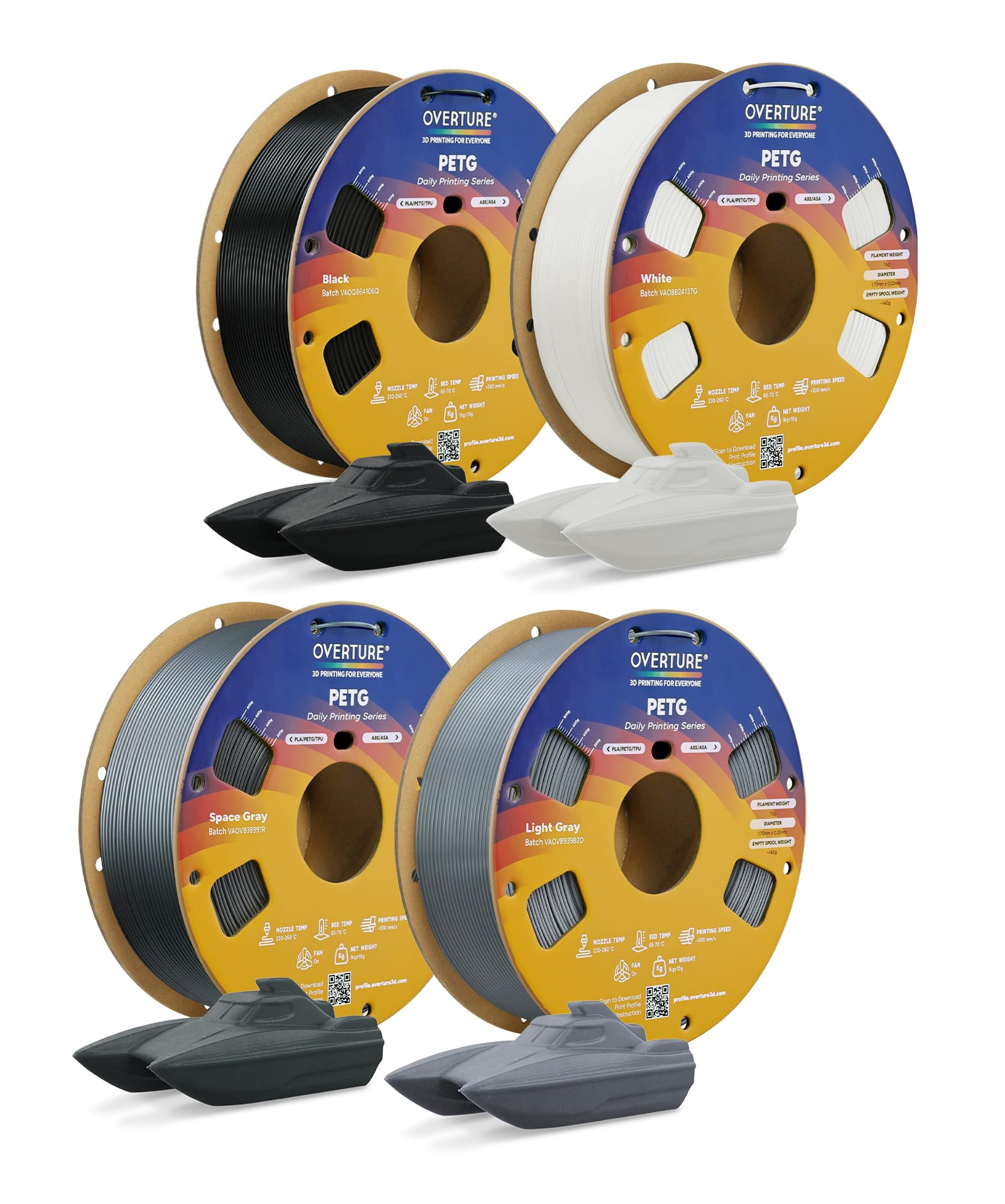 OVERTURE PETG Filament Schwarz 1.75mm Aufgerüstet, 4kg Spule (8.8lbs), 3D-Druck-Filament, Maßgenauigkeit +/- 0.02 mm (Black*1+White*1+light Gray*1+Space Gray*1)