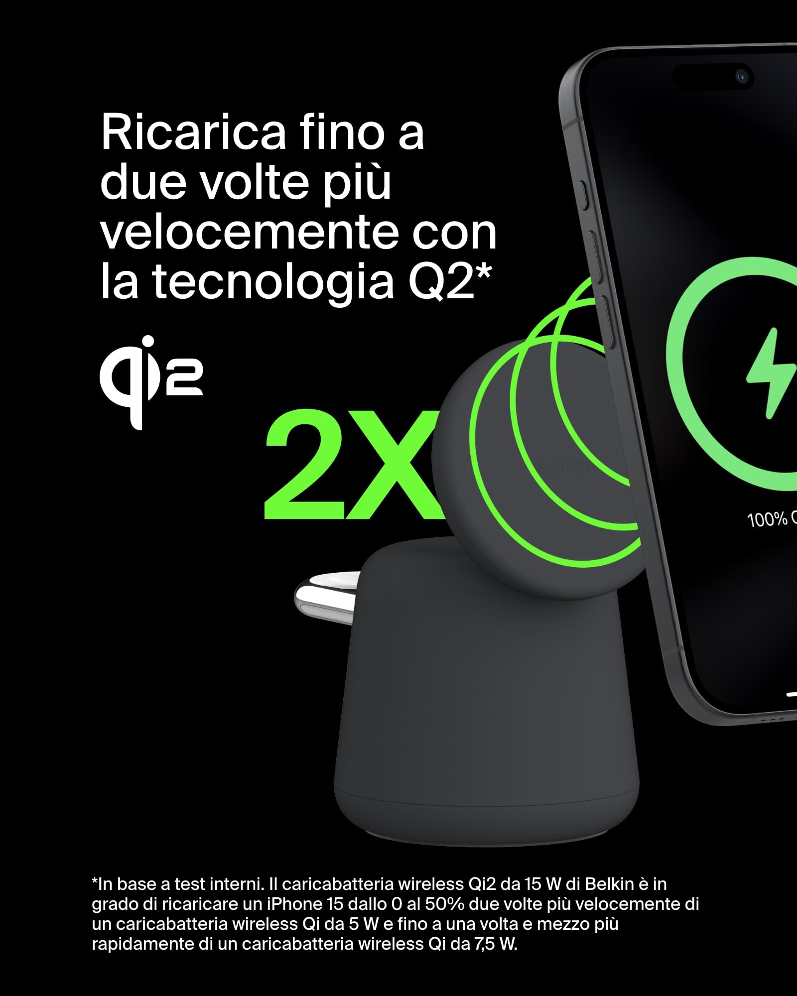 Belkin BoostCharge Caricabatteria wireless 2 in 1 con Qi2 da 15 W, caricatore MagSafe per iPhone 16, 15, 14, 13, 12, Apple Watch, AirPods e altri dispositivi Qi2, alimentatore incluso, Carbone