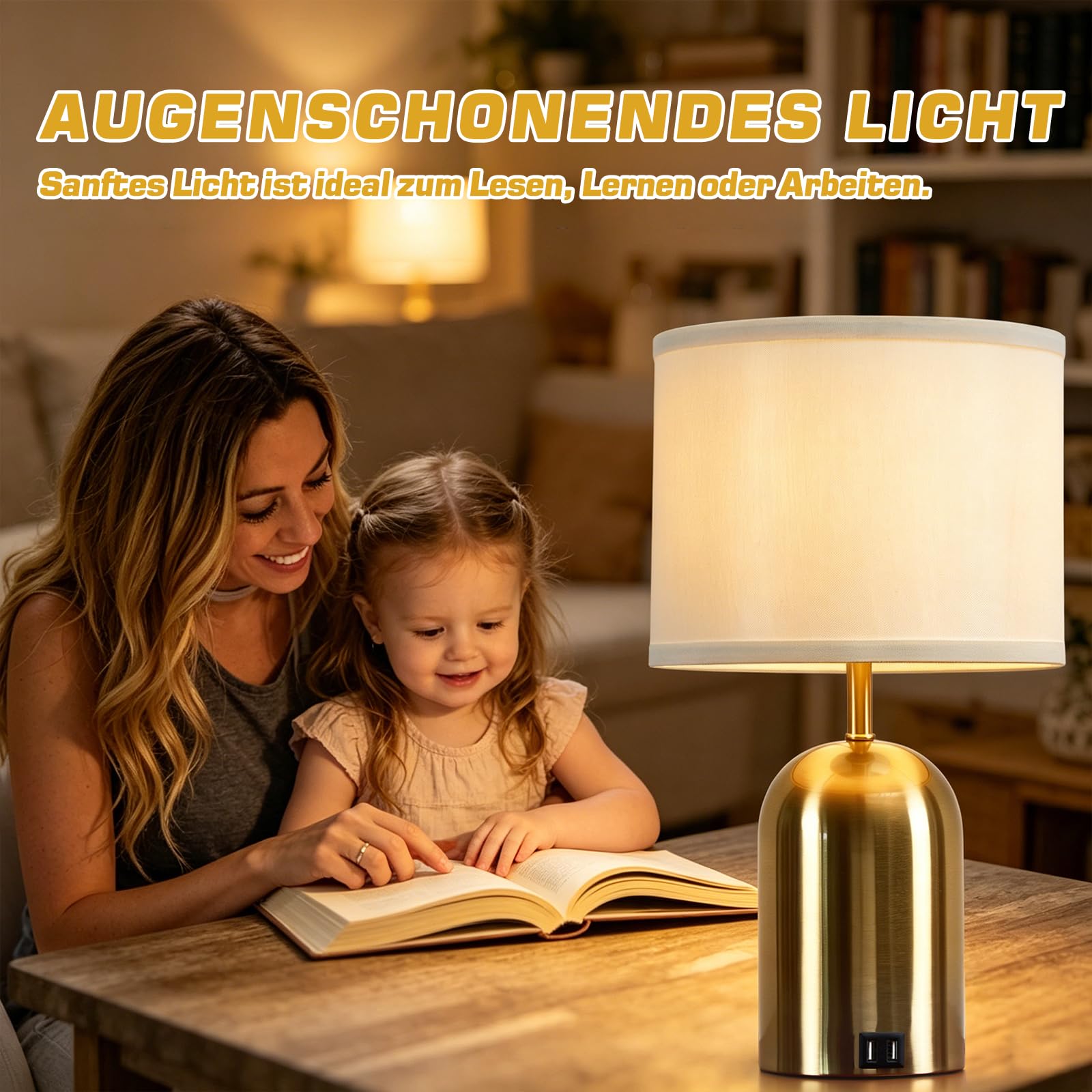 GyroVu Moderne Nachttischlampe mit USB-Port & Touch-Control & 3-Stufen Dimmbar, Stoffschirm & Goldfarbener Fuß für Schlafzimmer, Wohnzimmer und Home Office