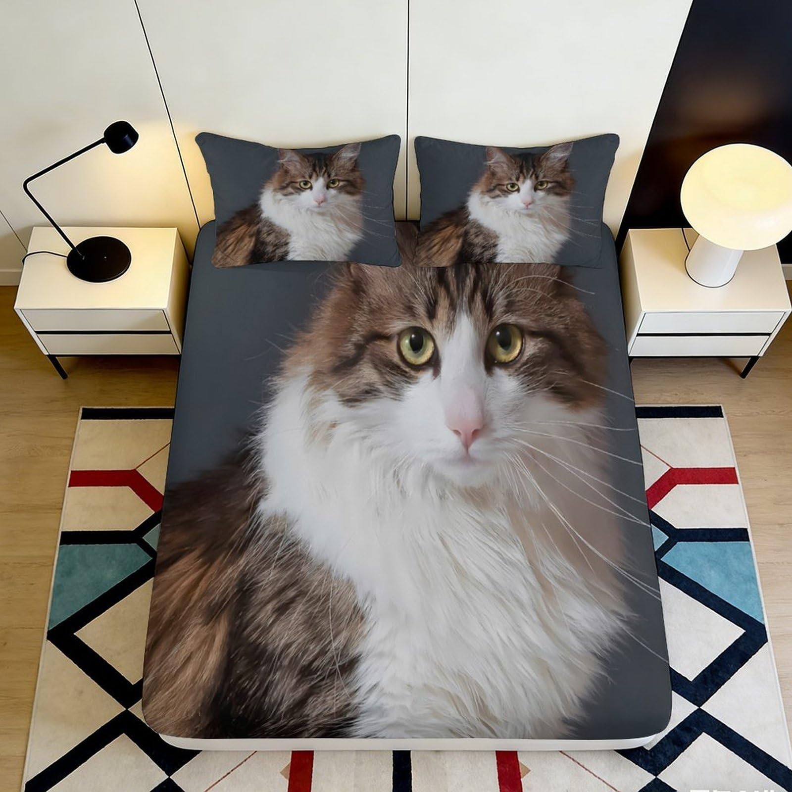 3D Printed Fluffy Cat Portrait Fitted Sheet Microfiber Soft Anti-Slip Bed Cover for Bedroom Guestroom Dorm Decor 90x200x25cm