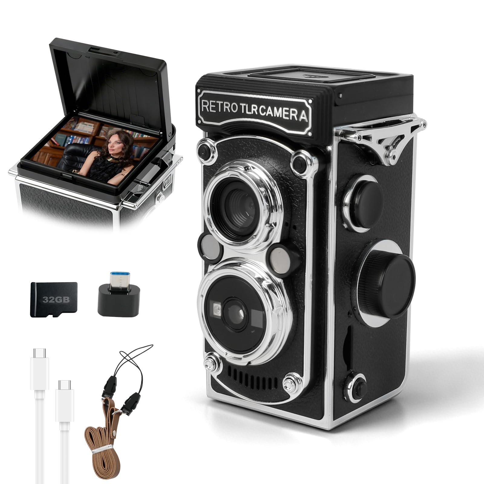 Mini Caméra Numérique Rétro, Caméra Vintage à Double Objectif 1080P FHD Vidéo 48MP Photos Autofocus Mini Caméra Vlogging avec Écran LCD de 1,54 Pouces, avec Carte Mémoire de 32 Go, Fonction de Vision