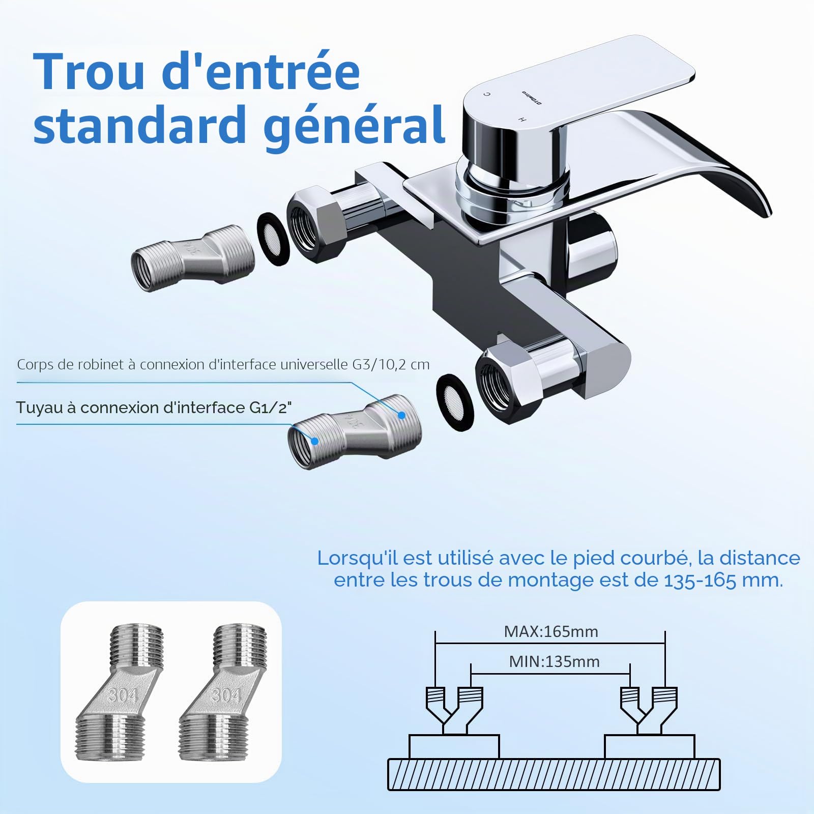 Robinet de Baignoire avec Douchette, Mitigeur en Laiton | Robinet Cascade, 3 Fonctions, Bouton Poussoir, Robinet à Une Main, Robinet de Baignoire pour Salle de Bain