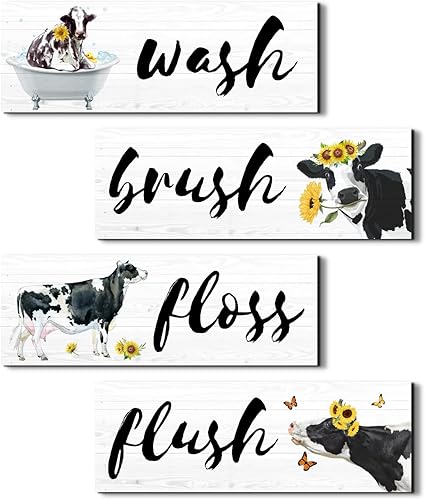 Brocha de lavado de vaca de granja, letrero de decoración de pared, divertido ganado de granja con girasol en bañera en madera rústica, obra de arte
