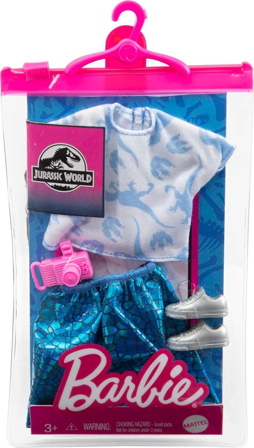 Barbie Doll Clothes Inspired by Jurassic World: Dominion, Complete Look with 2 Accessories, Crop Top & Dinosaur-Inspired Metallic Skirt, Silvery Sneakers & Camera, Gift for Kids 3 to 8 Years Old
