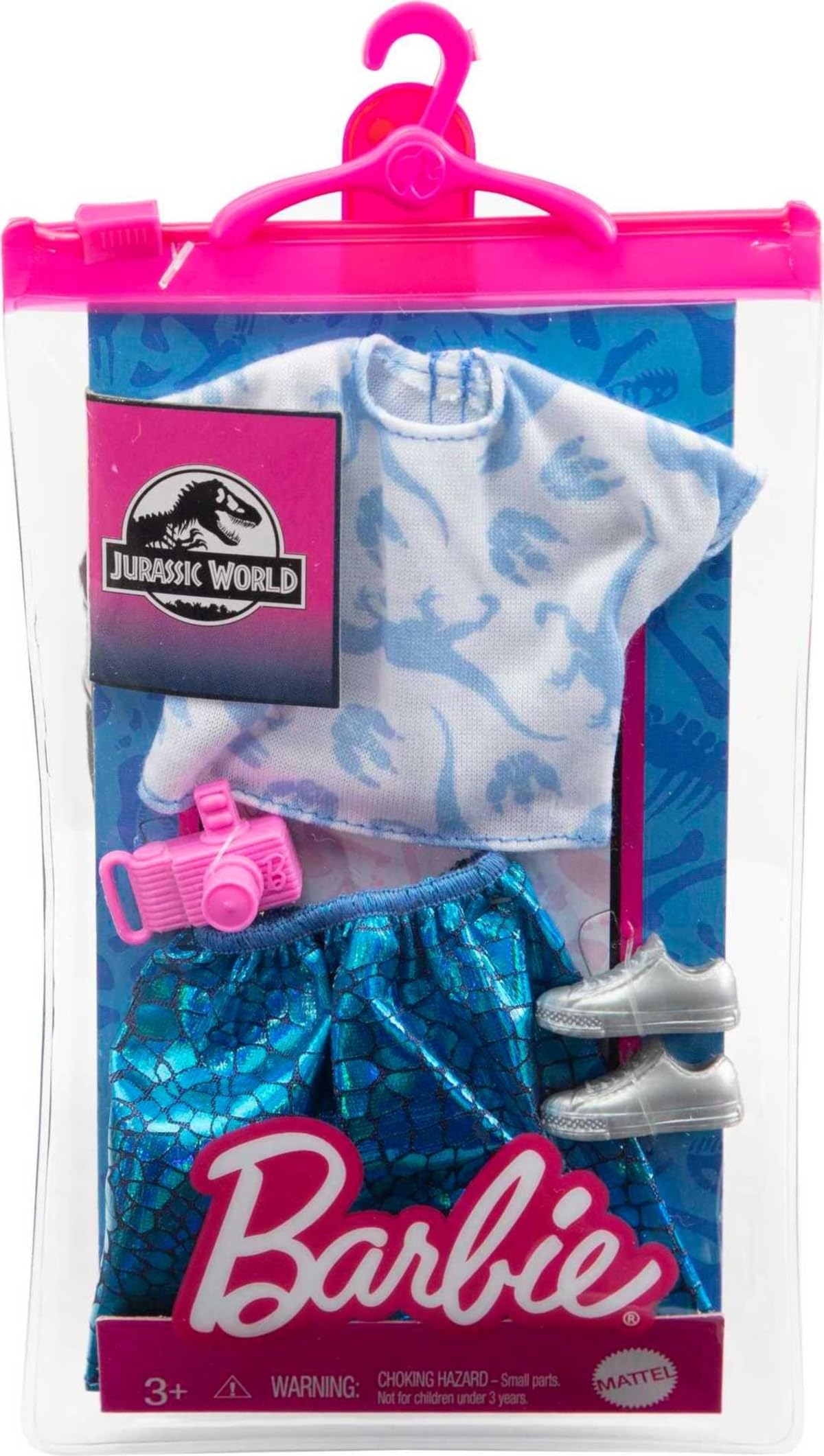 Barbie Jurassic World GRD48 Fashion-Look-Paket, türkis glänzender Rock mit Hemd, Schuhen und Kameraschuhen und Halskette (Mehrfarbig)