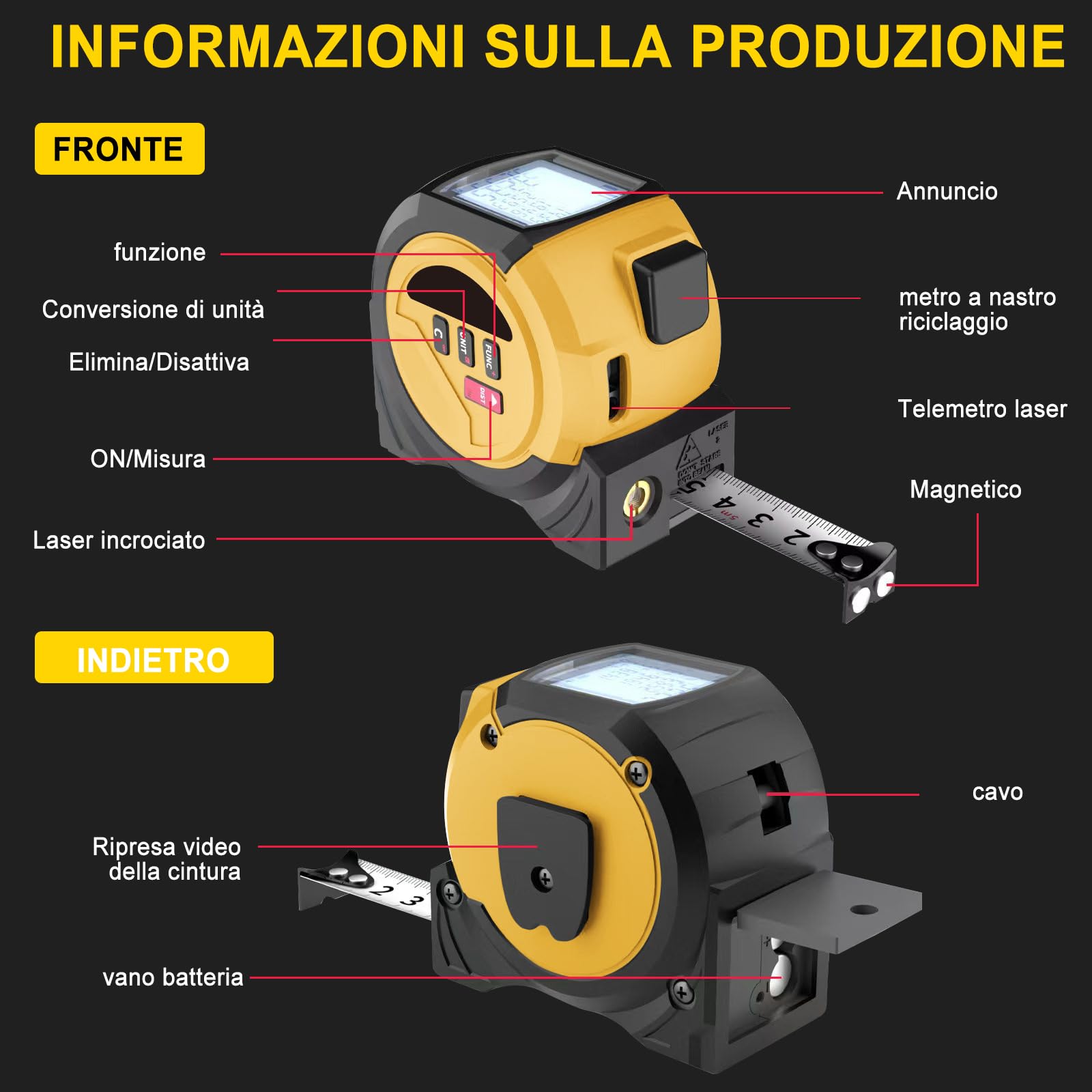 Misuratore Laser 3 In 1, 60 M Telemetro Laser Digitale, Misuratore di Distanza (Unità: M/In/Ft), Metro A Nastro da 5 M + Proiettore A Croce Rossa, per La Lavorazione Del Legno E L'Edilizia
