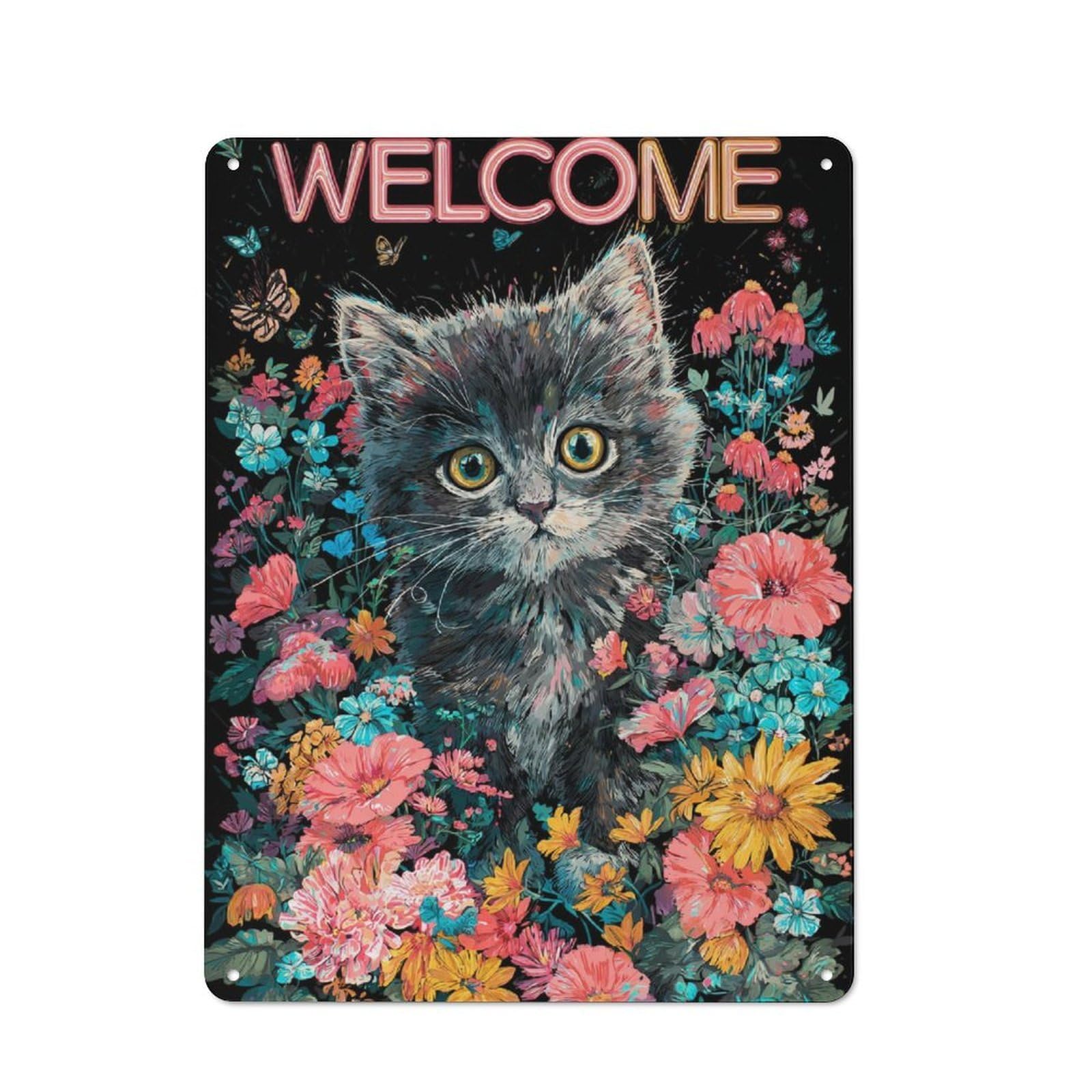 Junmoney Kitty's Floral Welcome Rustic Tin Wall Plaque 40X30cm For Studio Or Craft Room, For Garage, Workshop And Man Cave Decoration
