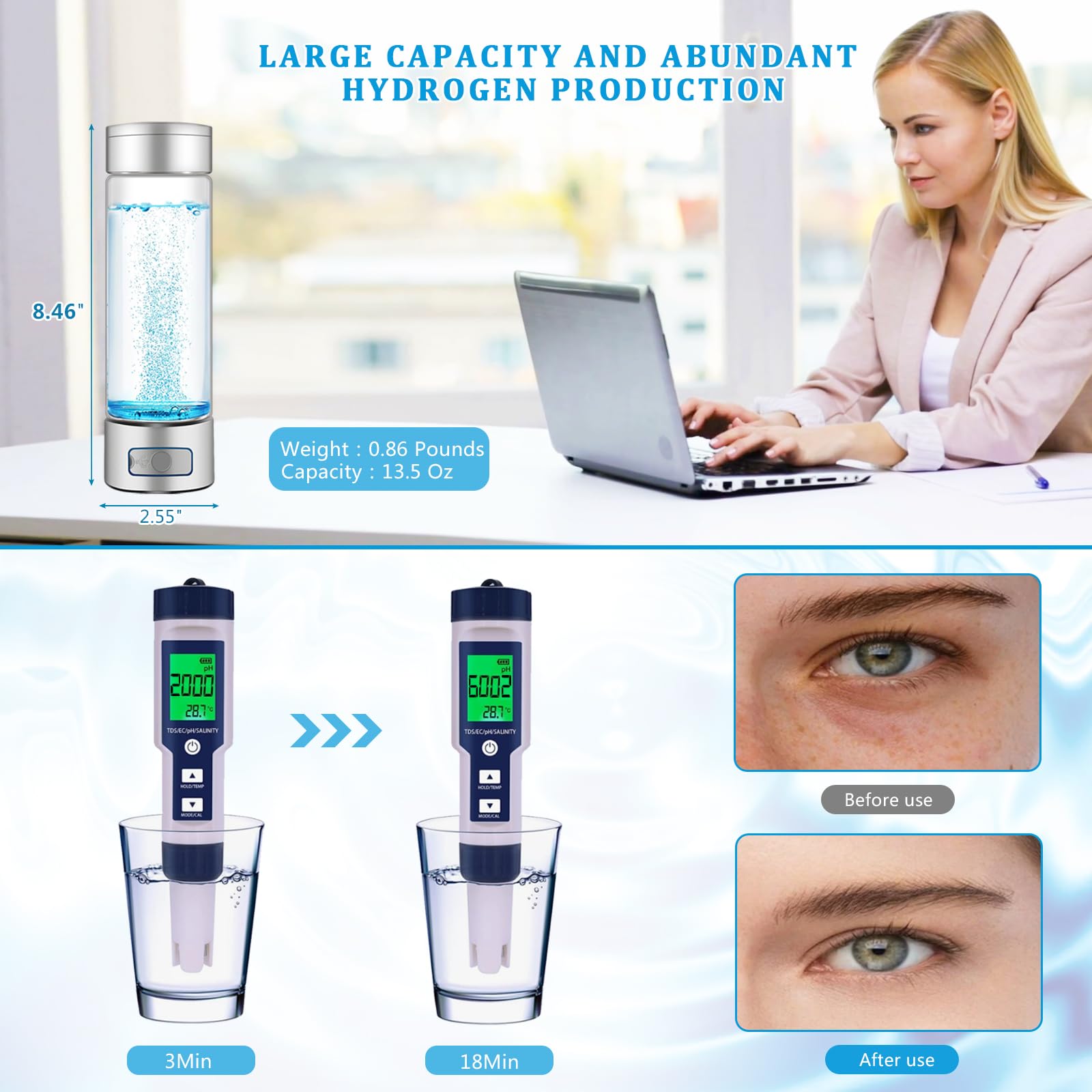 6000 PPB Hydrogen Water Bottle,2025 Portable Hydrogen Water Generator Machine,Alkaline &Glass Water Bottle,Upgraded SPE/PEM,with Exhaust Hole, LED Display, for Travel, Sports, Home, Office(Silver)