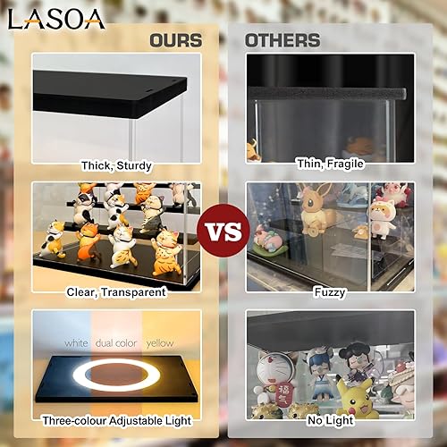 Miniatura 3 de LASOA Vitrina acrílica de 3 niveles con luz LED ajustable, caja transparente para figuras de acción, coleccionables y miniaturas, estante de
