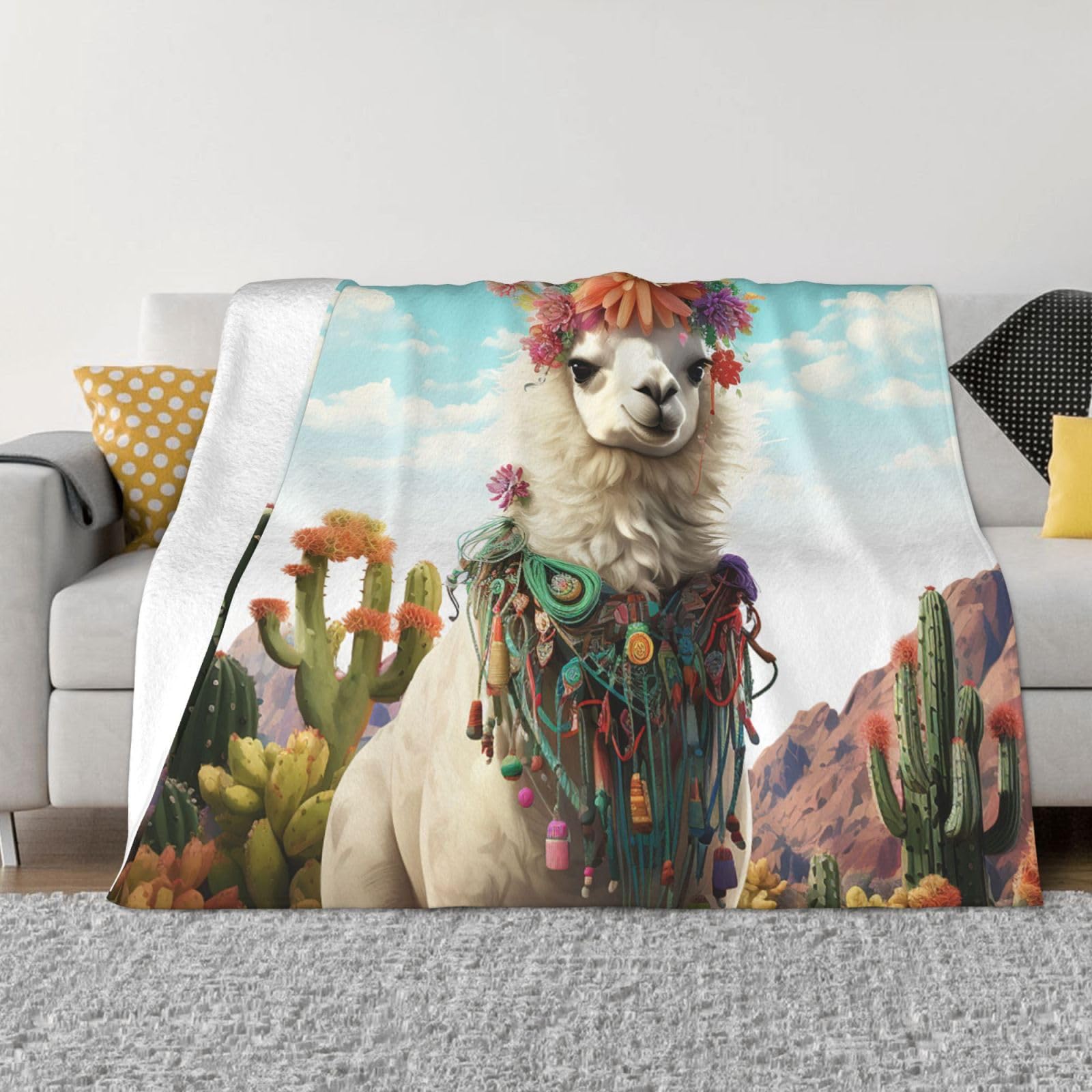 Fodpand Black Mexican Llama Cactus Flannel Blanket 80"X60" - Ultra-Soft Lightweight Throw Blanket For Bed, Sofa, And Couch - Luxury Air Conditioning Blankets - Cozy Warm Blankets For All Seasons