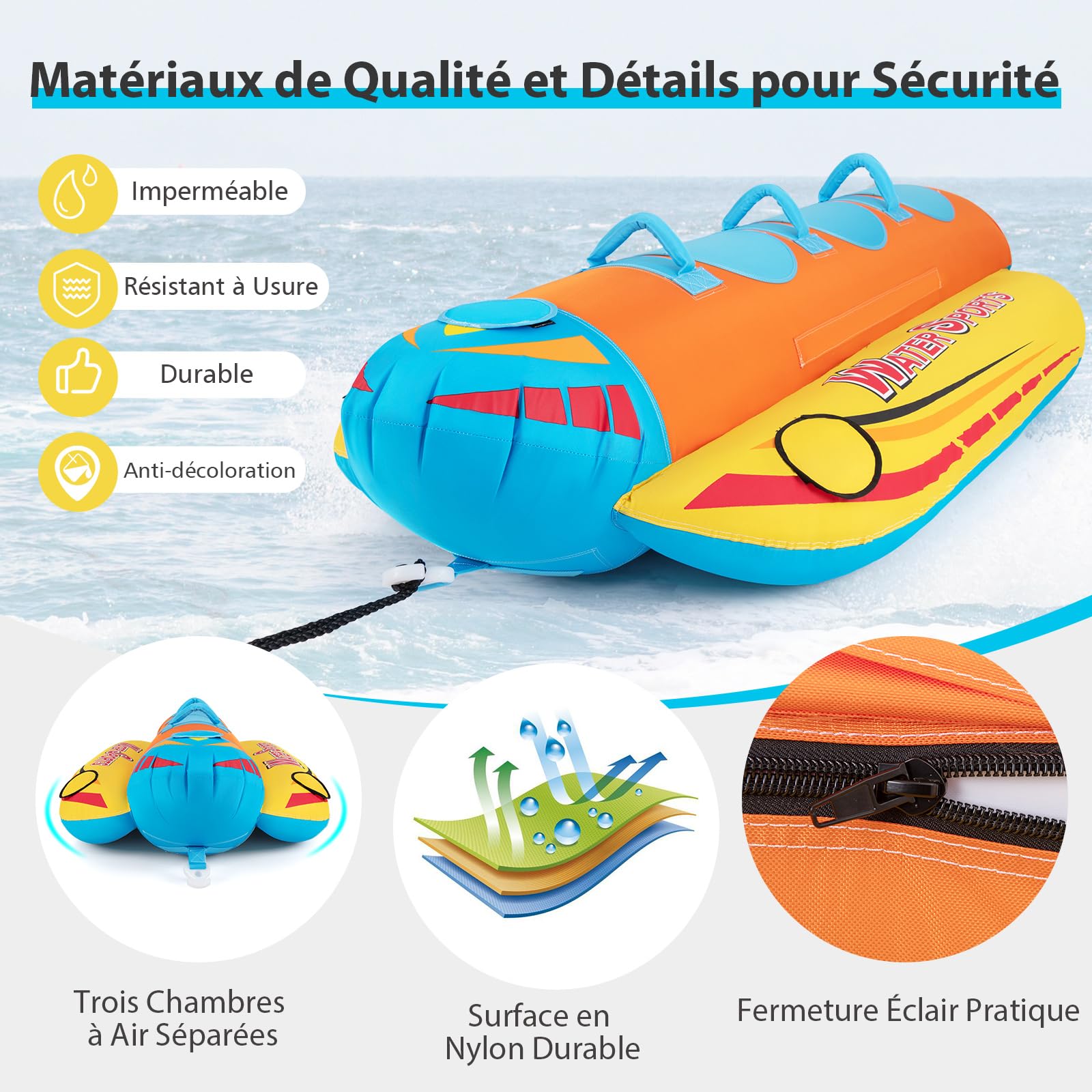 COSTWAY Bateau Banane Gonflable pour 1 à 3 Passagers Charge 231KG, Flotteur Gonflable Remorquable avec 3 Sièges et Poignées Rembourrés en EVA, pour Navigation de Plaisance
