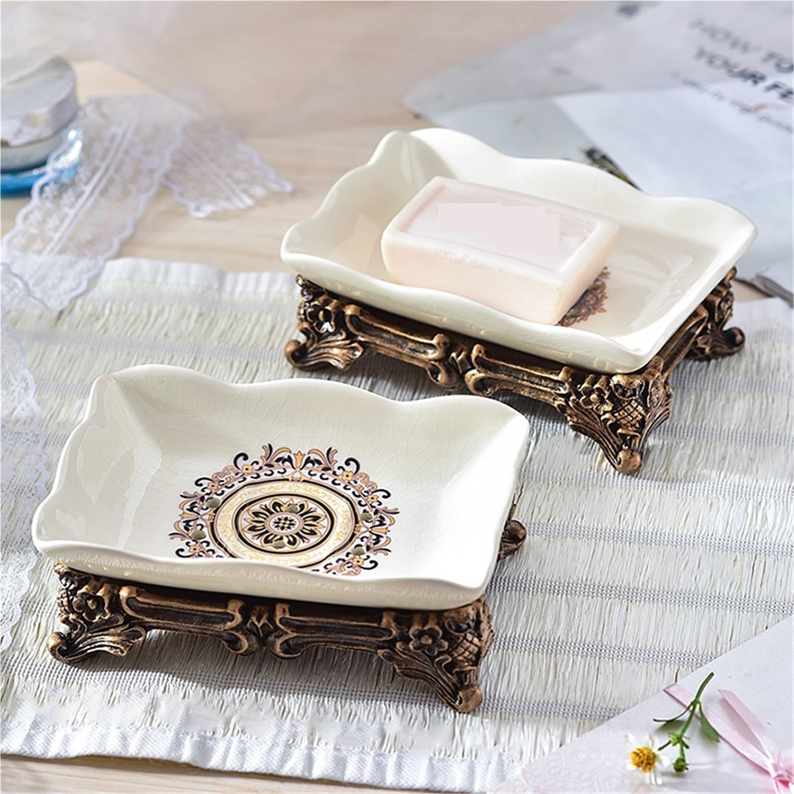 Jabonera Caja de jabón cerámica | Platos retro de la porcelana de la capa del estante del tocador for el cuarto de baño(Separate A)