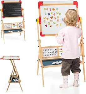 Chevalet D'Art Double Face COSTWAY Pour Enfants - Avec Horloge, Alphabet Et Boulier - Bois Naturel