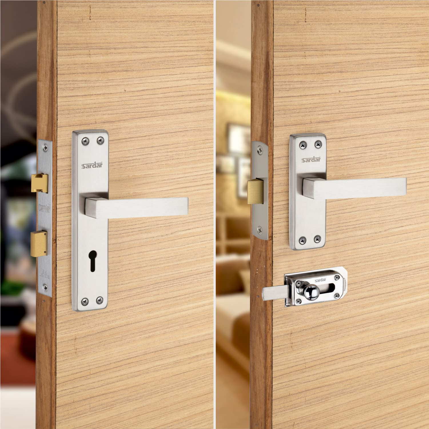SARDAR Square 5" Stainless Steel Iron Bathroom Door Handle Set with Keyless Baby Latch/Tower Bolt/Push to Close Latch — Amazon image 4
