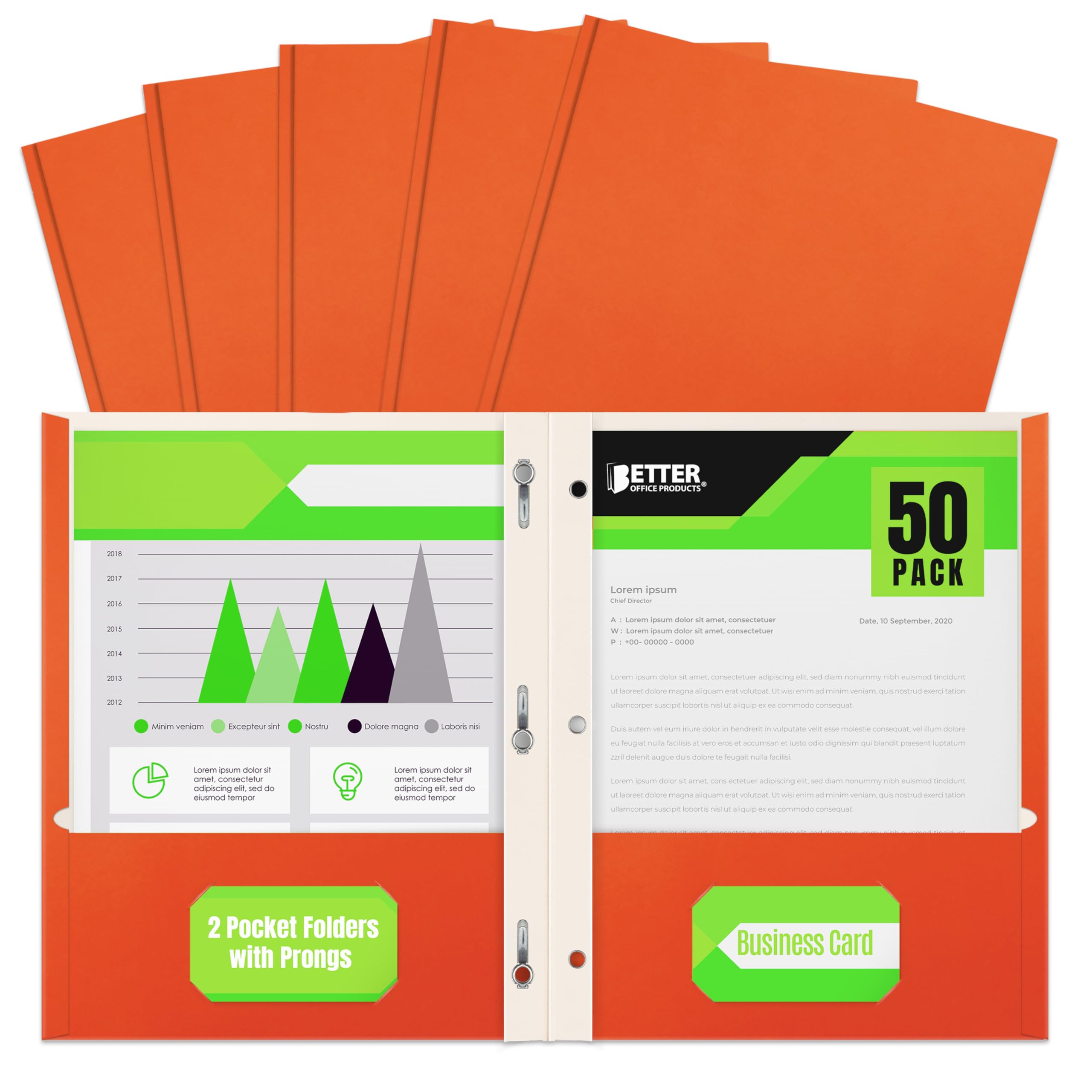 Better Office Products Orange Paper 2 Pocket Folders with Prongs, 50 Pack, Matte Texture, Letter Size Paper Folders, 50 Pack, with 3 Metal Prong Fastener Clips, Orange