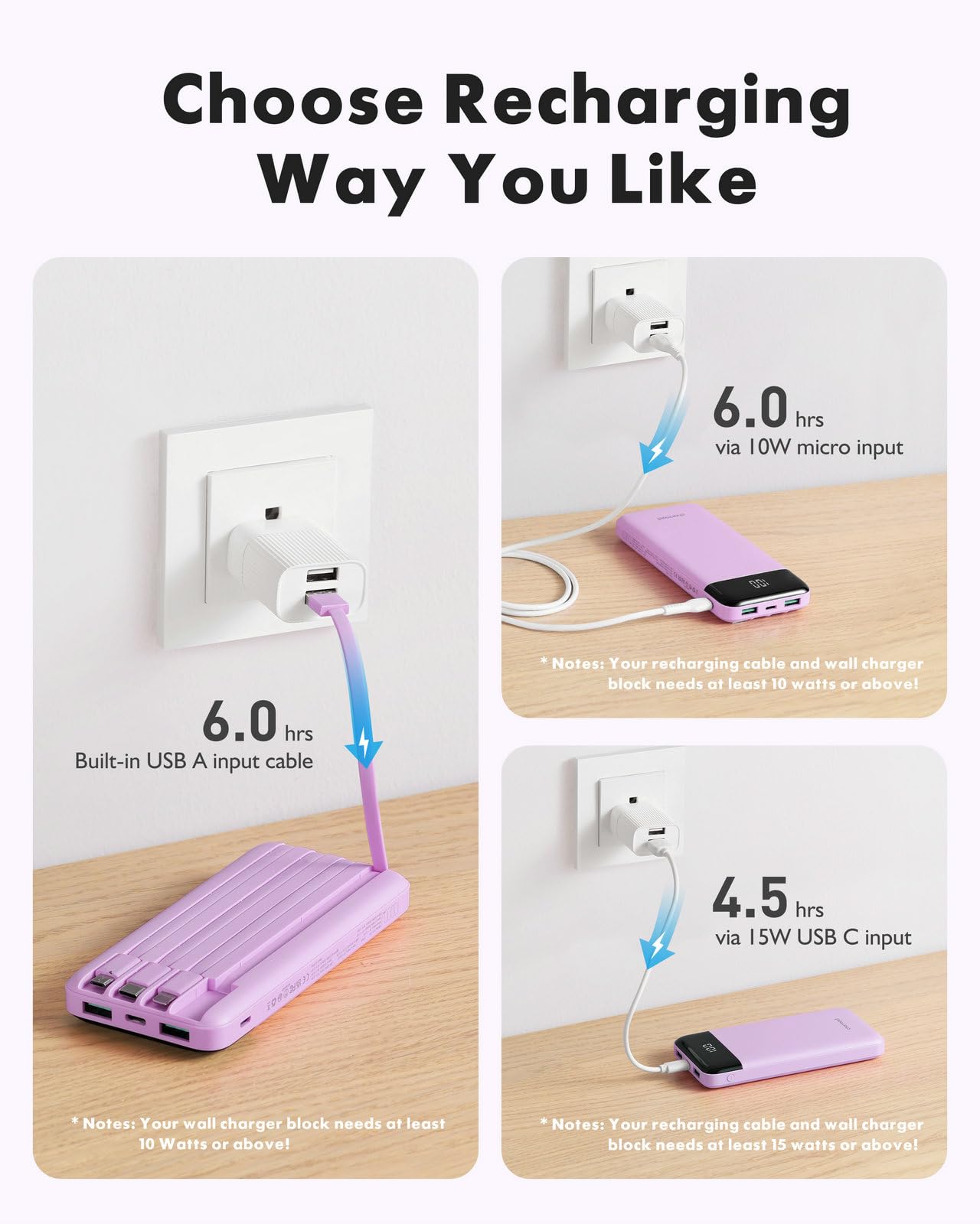 Charmast Batteria esterna 10000mAh con 4 Cavi Integrati Batteria Portatile USB C Sottile Power Bank con 6 Uscite e 3 Ingressi per iPhone 12 13 11 Samsung S21 S22