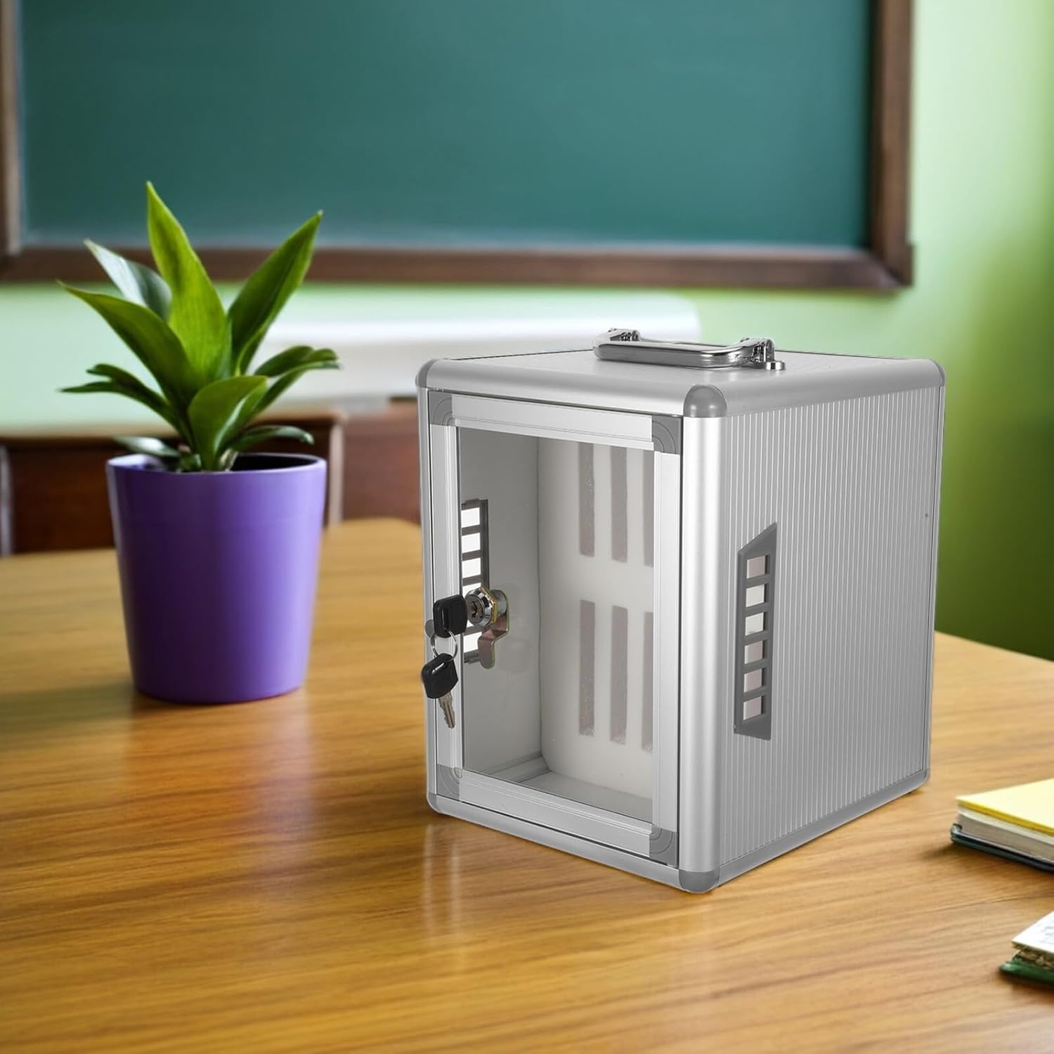 Cell Phone Storage Cabinet 12-Slot Mobile Phone Locker with Ventilation Holes Silver Carrying Lock for Office Classroom Use