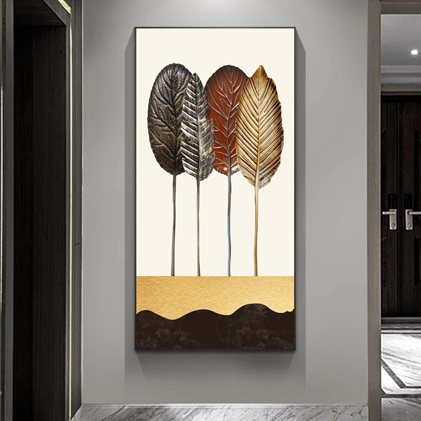 Impresiones en lienzo Carteles de hojas doradas Imágenes artísticas de pared para sala de estar Decoraciones de interior Hogar moderno Pintura de pared nórdica Marco interior de 80x160 cm