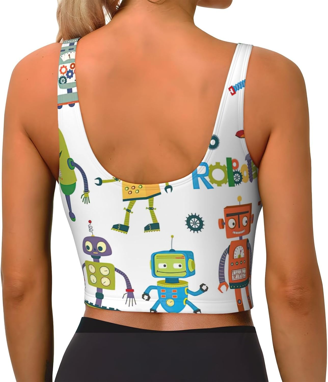 Cute Cartoon Robots Print Women's Strappy Sports Bra, Stretch Gym Bras U Neck Yoga Tops, Comfort Seamless Bra