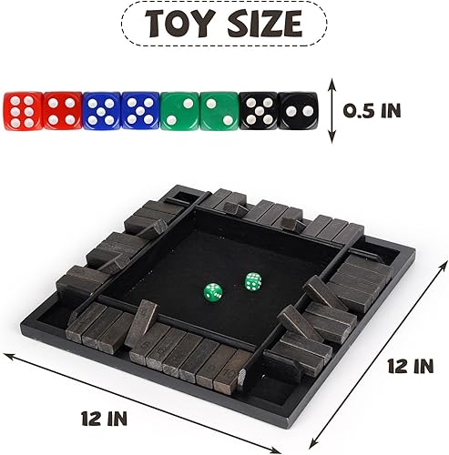 Miniatura 6 de Agirlgle Juego de dados Shut The Box de 12 pulgadas, 1-4 jugadores, juego de mesa familiar de madera con 12 dados, juego de dados de estrategia para