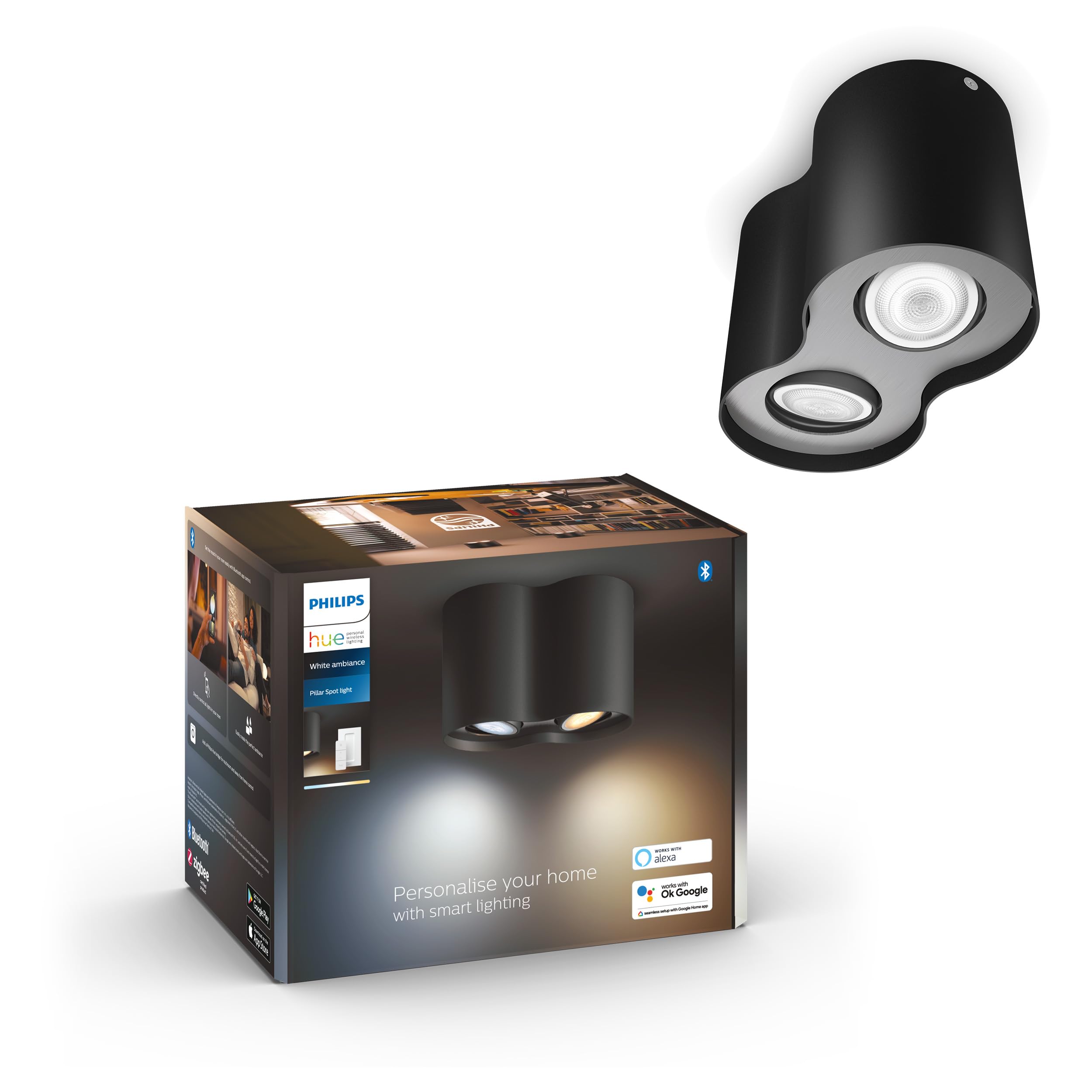 Philips Hue Schwarzes White Ambiance Pillar 2Er Spot, Inkl. Gu10 Led-Lampe, Steuerbar Via App, Kompatibel Mit Amazon Alexa (Echo, Echo Dot), Schwarz, Neue Generation
