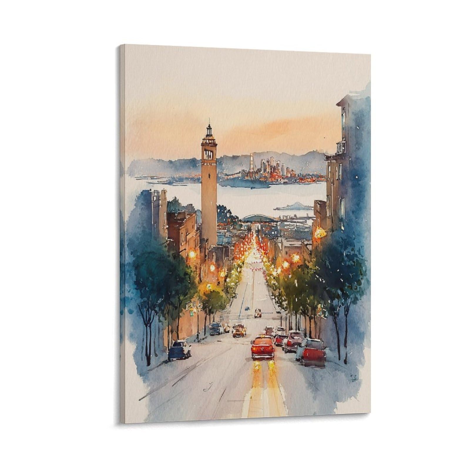 LCYNNH San Francisco Watercolor Painting Tree 20x30inch(50x75cm) Vintage Travel Poster Watercolor Canvas Art