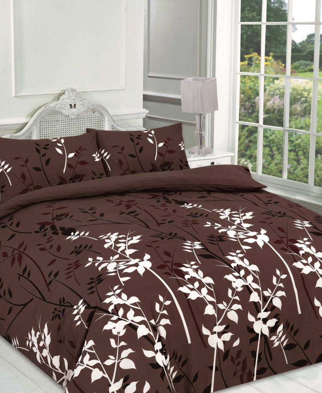 Goldstar Brown Goldstar® Kaylee Double Duvet Quilt Cover Floral Leaf Polycotton Bedding Set & Pillow Case