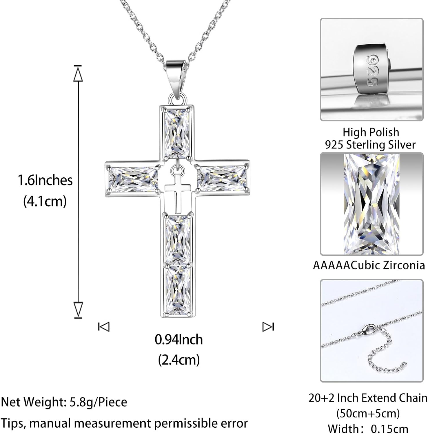 Jewmon 925 Sterling Silver 5A Cubic Zirconia Baguette Birthstone Cross Necklace for Women Mens Cross Birthstone Pendant Necklace Christmas Birthday Gifts for Mom Dad Husband Wife Couples Gifts - Image 6