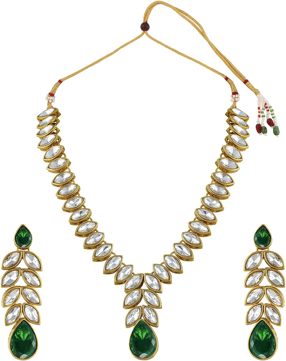 Aheli Gold Plated Traditional Crystal Studded Long Necklace Earrings Jewellery Set Gift for Women